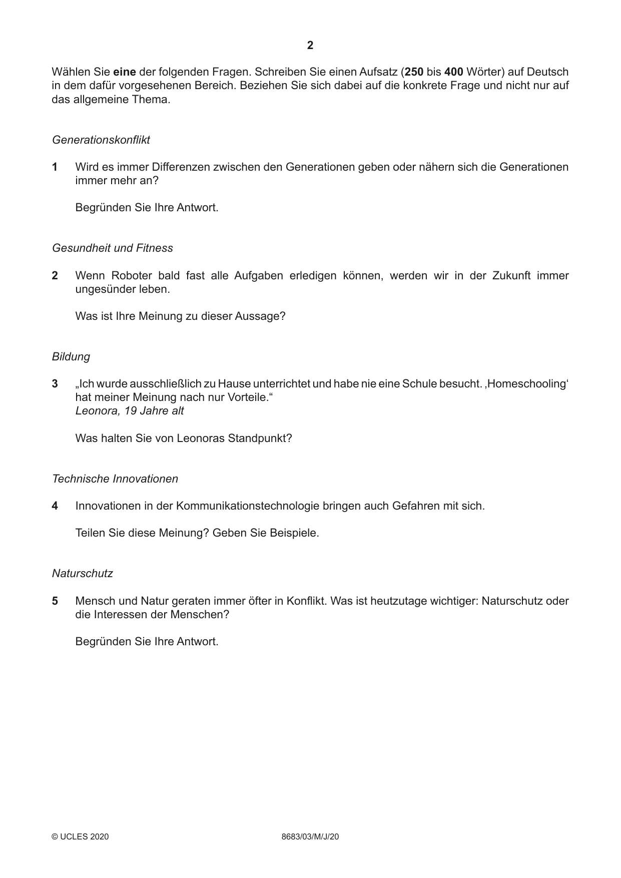 Cambridge A Level German - Language (AS Level only) 8683 2020 May/June Paper 3 · Variant 0 question paper, page 2 of 8
