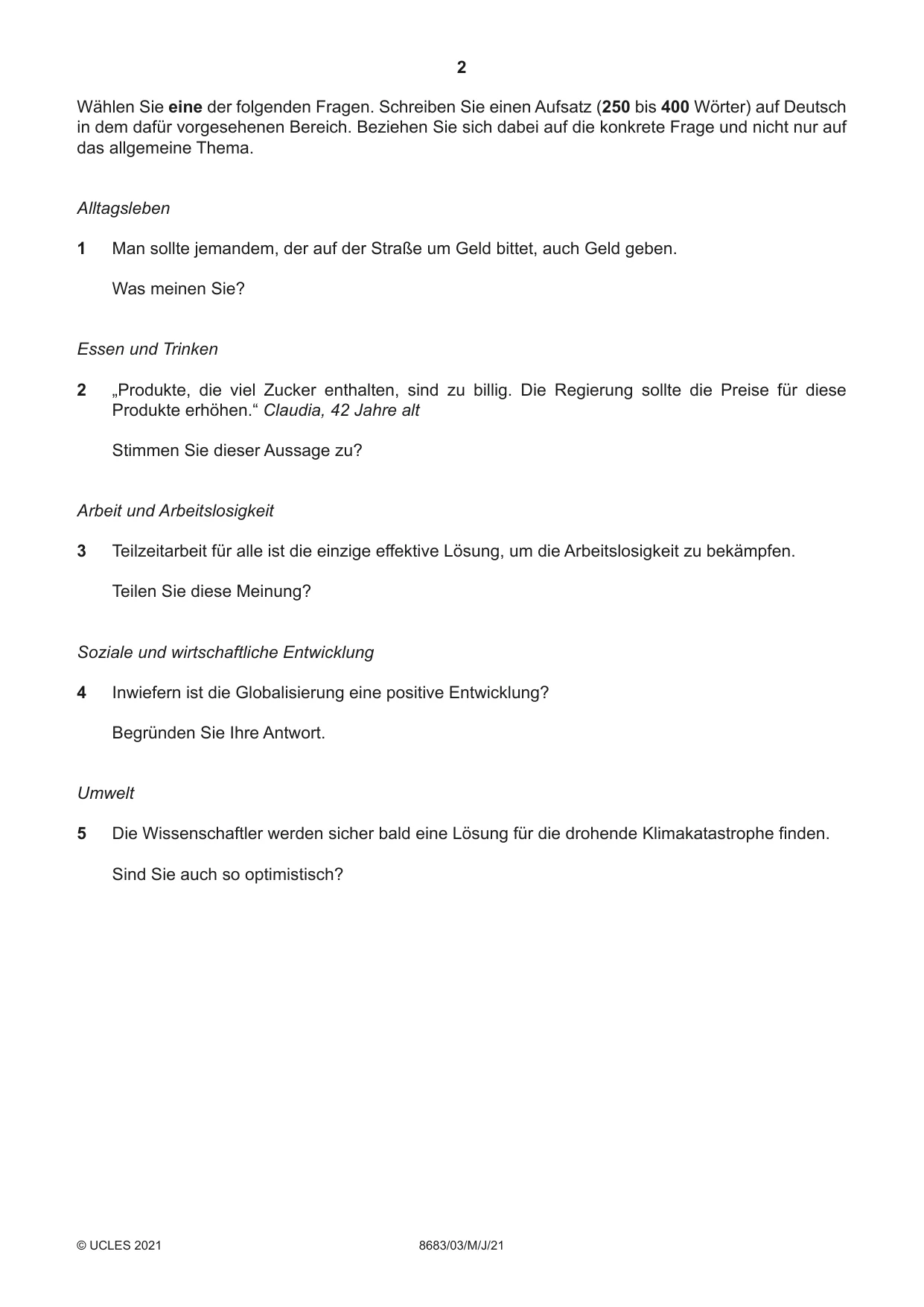 Cambridge A Level German - Language (AS Level only) 8683 2021 May/June Paper 3 · Variant 0 question paper, page 2 of 8