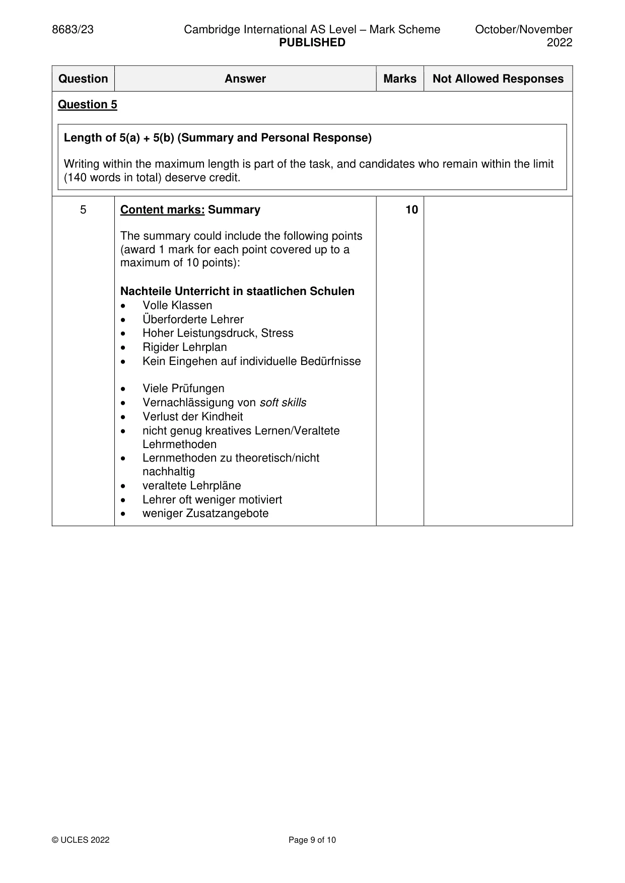Mark scheme, page 9 of 10