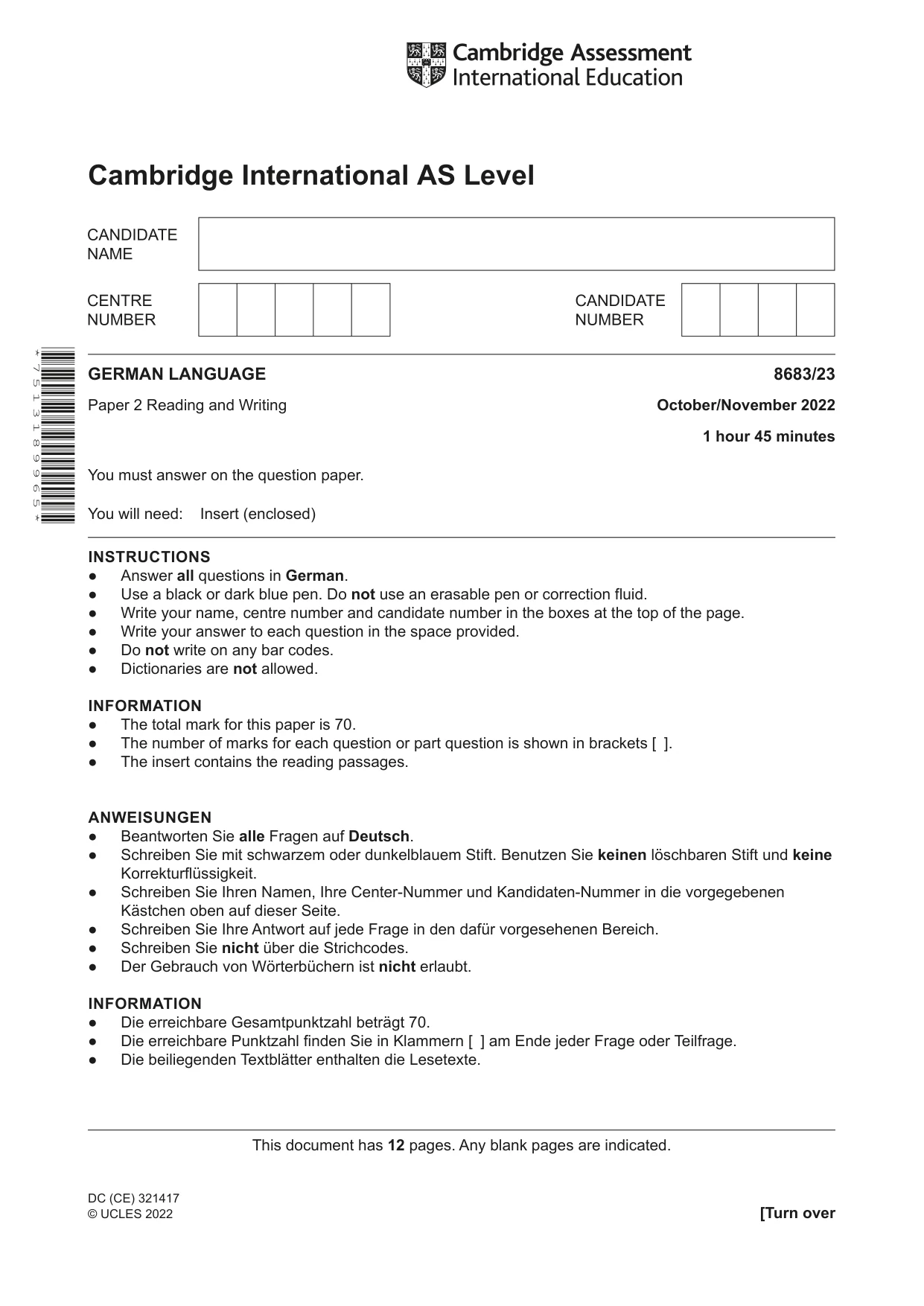 Cambridge A Level German - Language (AS Level only) 8683 2022 Oct/Nov Paper 2 · Variant 3 question paper, page 1 of 12