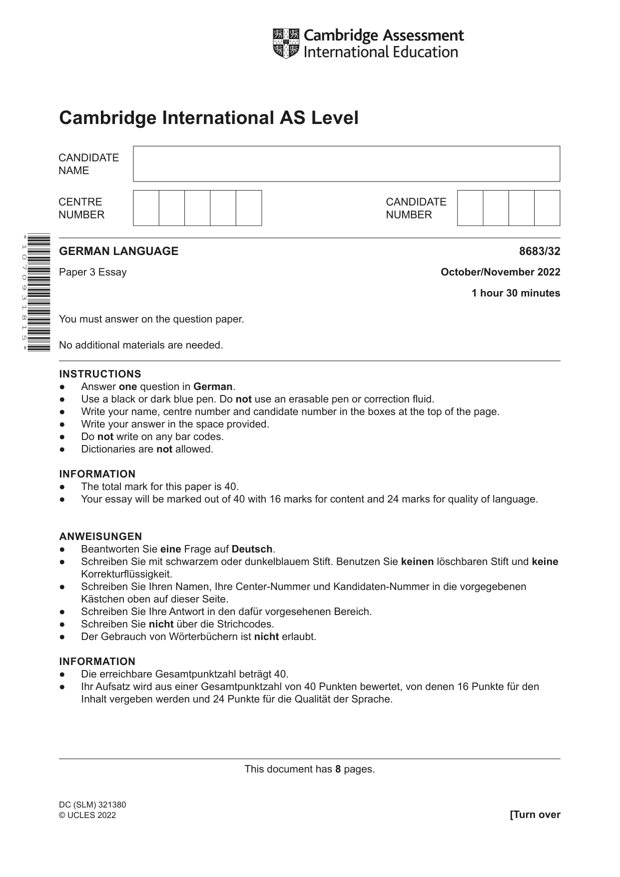 Cambridge A Level German - Language (AS Level only) 8683 2022 Oct/Nov Paper 3 · Variant 2 question paper, page 1 of 8