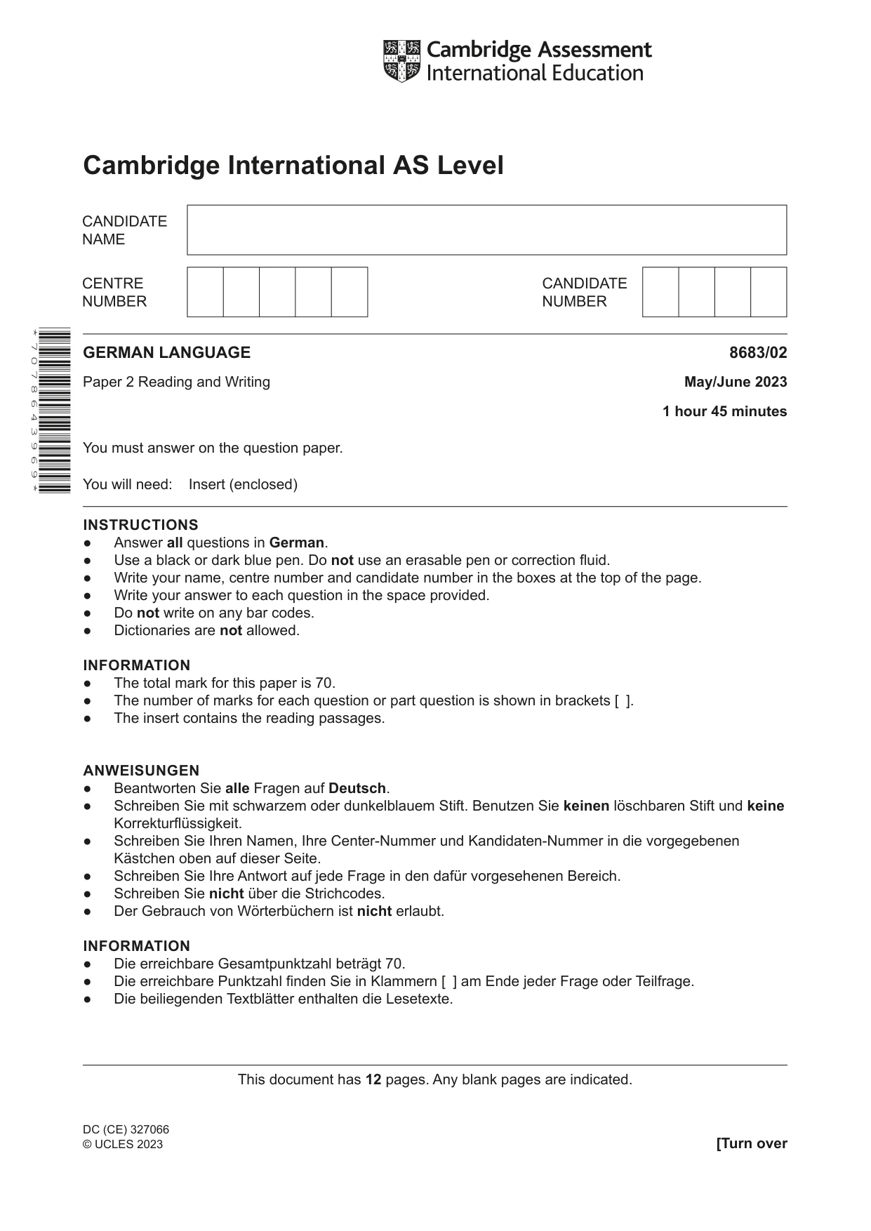 Cambridge A Level German - Language (AS Level only) 8683 2023 May/June Paper 2 · Variant 0 question paper, page 1 of 12