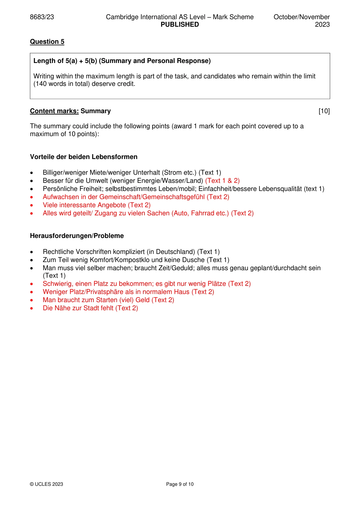 Mark scheme, page 9 of 10