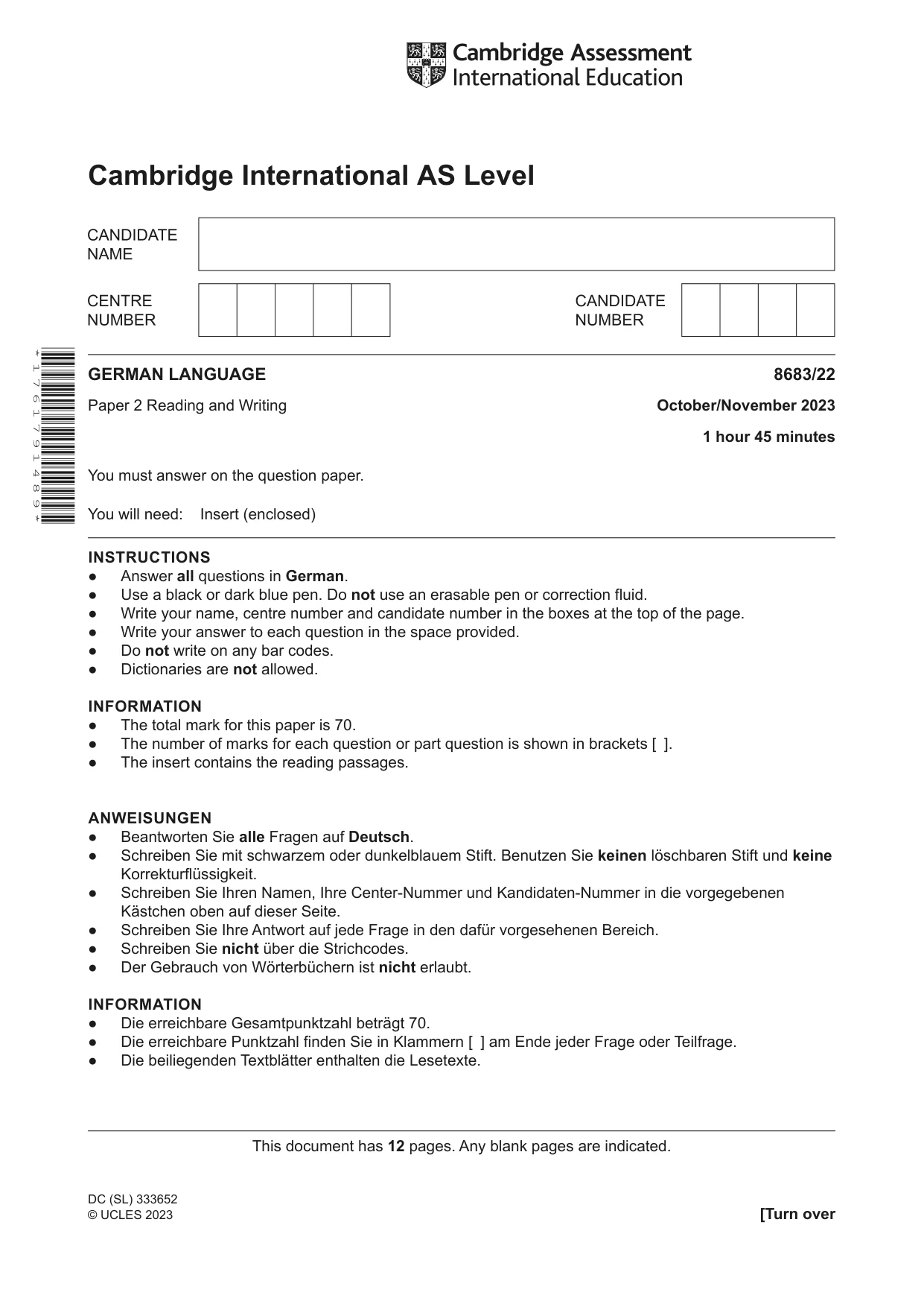 Cambridge A Level German - Language (AS Level only) 8683 2023 Oct/Nov Paper 2 · Variant 2 question paper, page 1 of 12