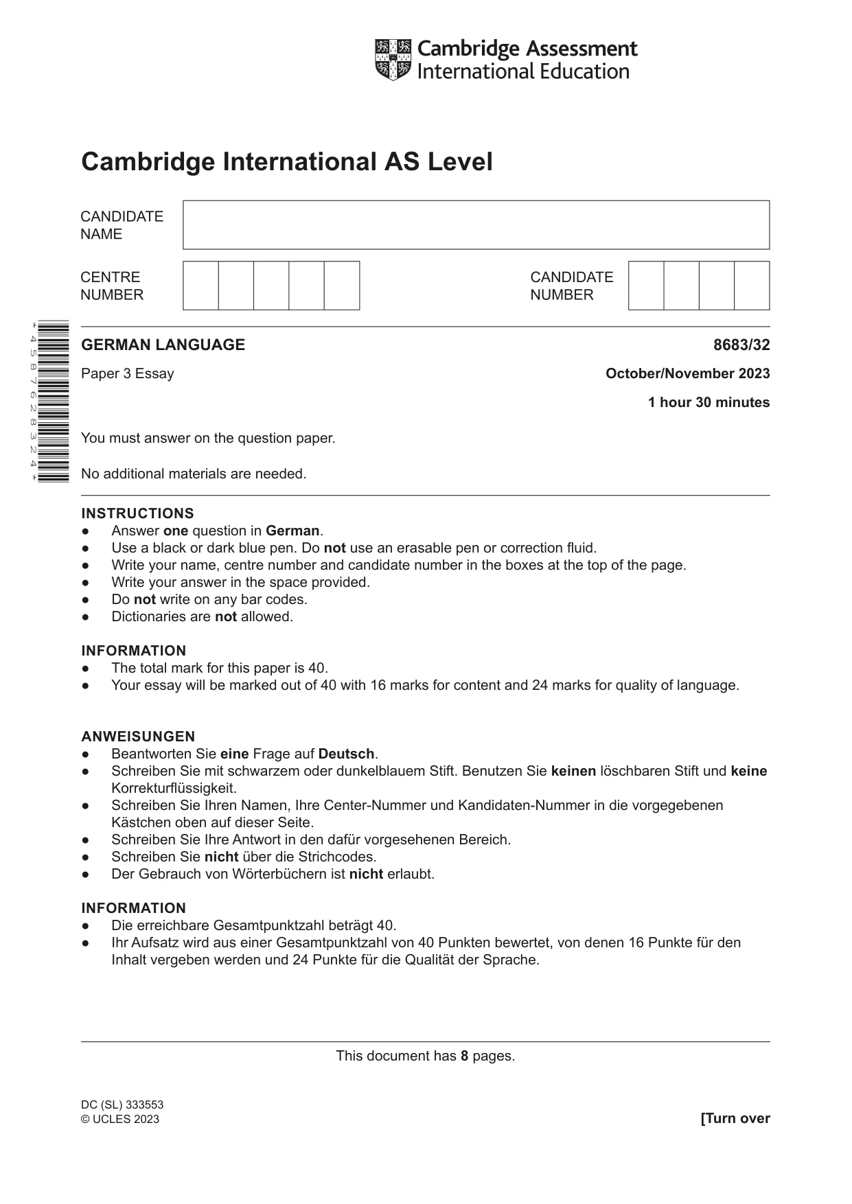 Cambridge A Level German - Language (AS Level only) 8683 2023 Oct/Nov Paper 3 · Variant 2 question paper, page 1 of 8