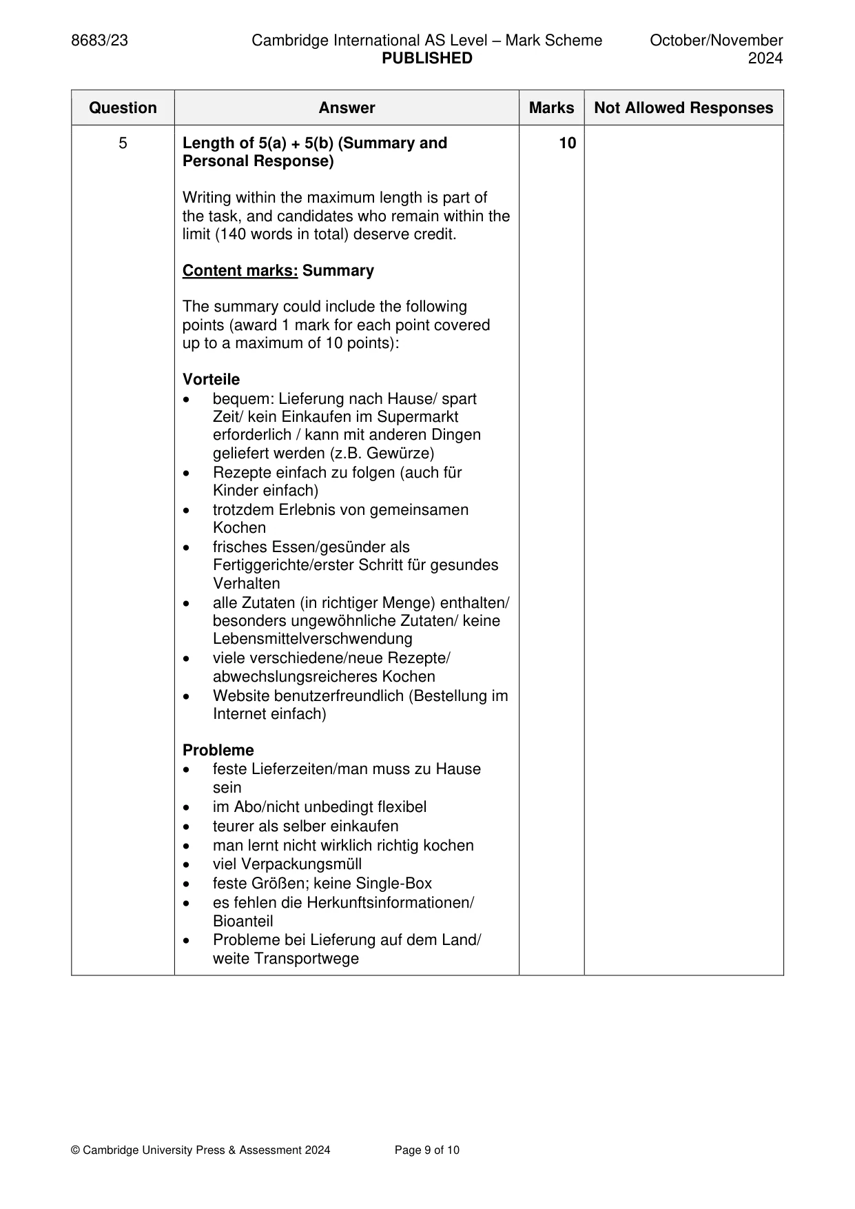 Mark scheme, page 9 of 10