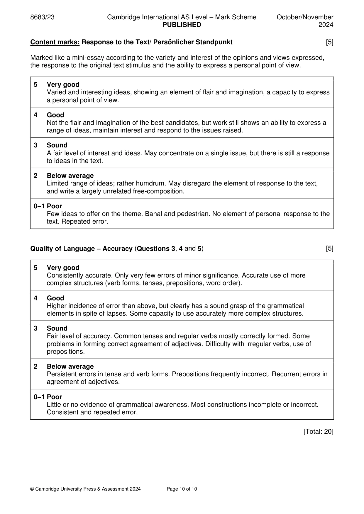 Mark scheme, page 10 of 10