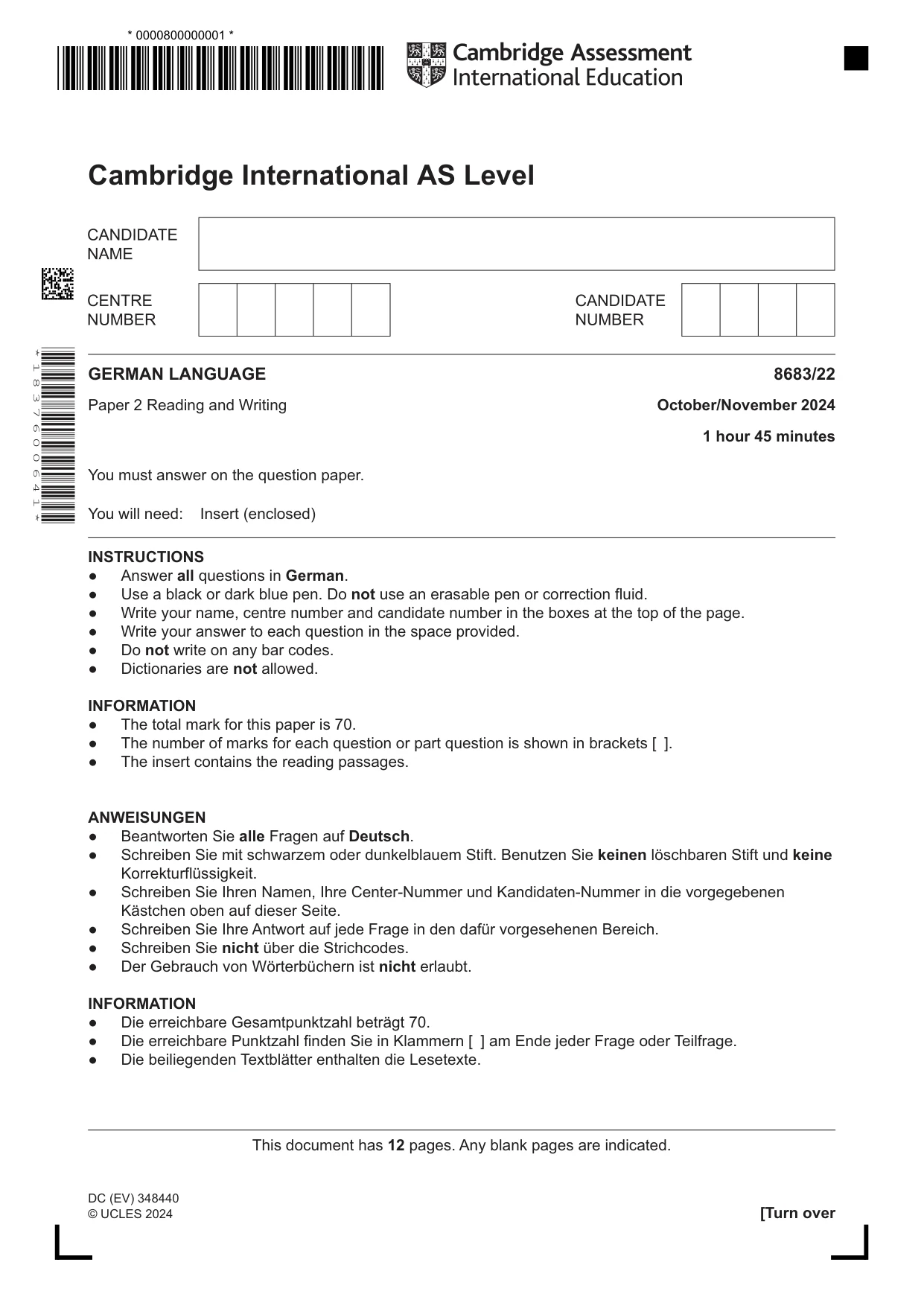 Cambridge A Level German - Language (AS Level only) 8683 2024 Oct/Nov Paper 2 · Variant 2 question paper, page 1 of 12