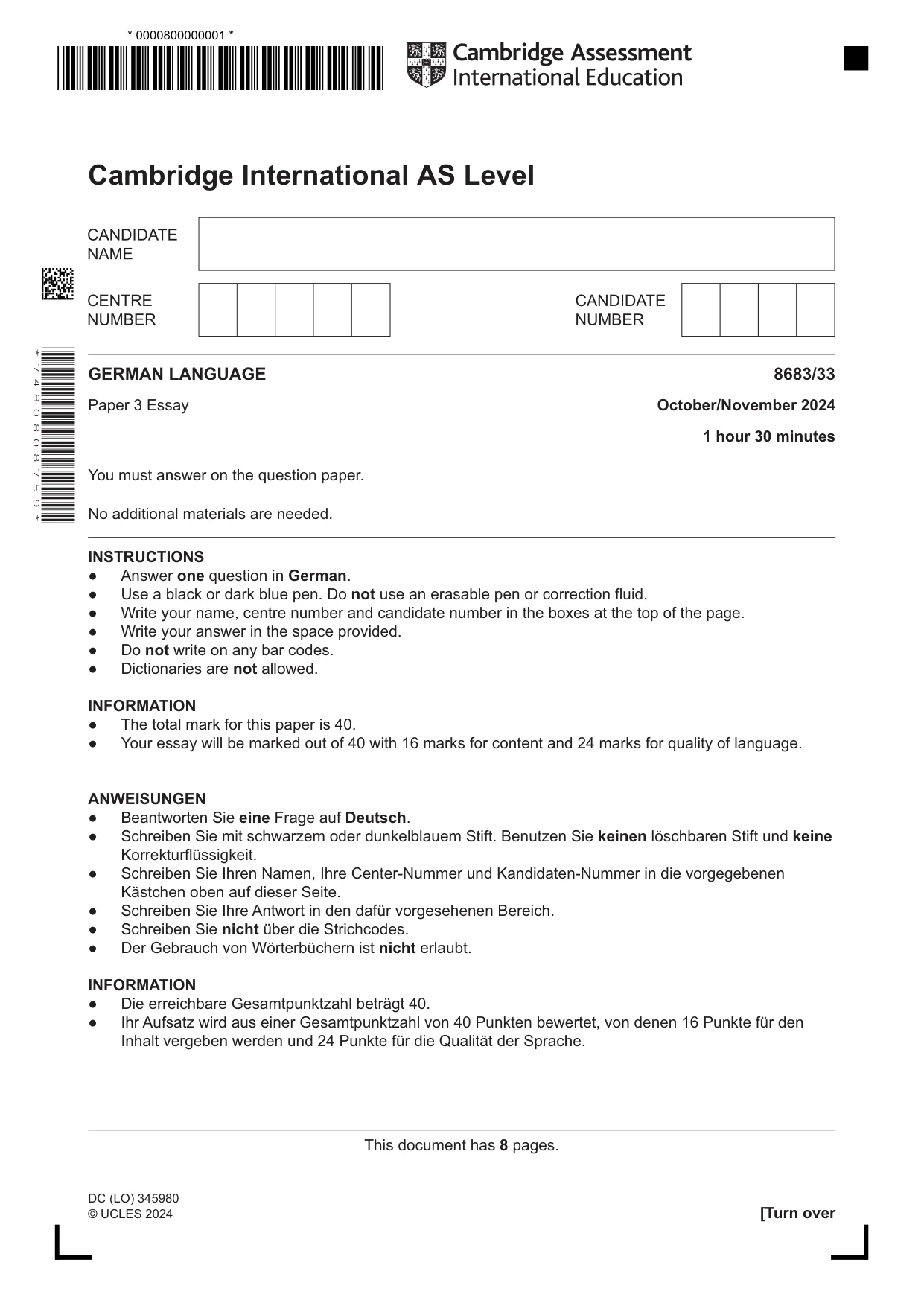 Cambridge A Level German - Language (AS Level only) 8683 2024 Oct/Nov Paper 3 · Variant 3 question paper, page 1 of 8