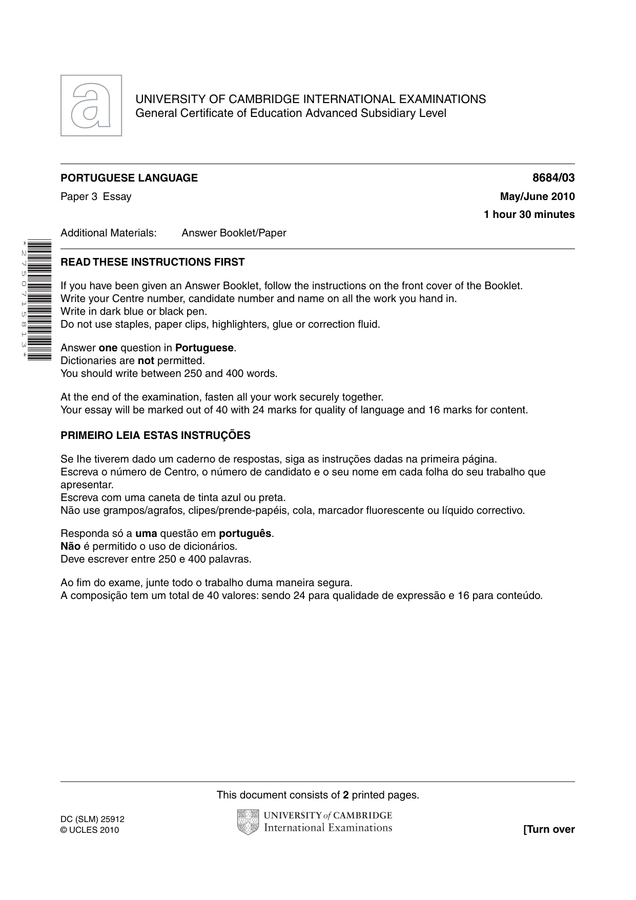 Cambridge A Level Portuguese - Language (AS Level only) 8684 2010 May/June Paper 3 · Variant 1 question paper, page 1 of 2