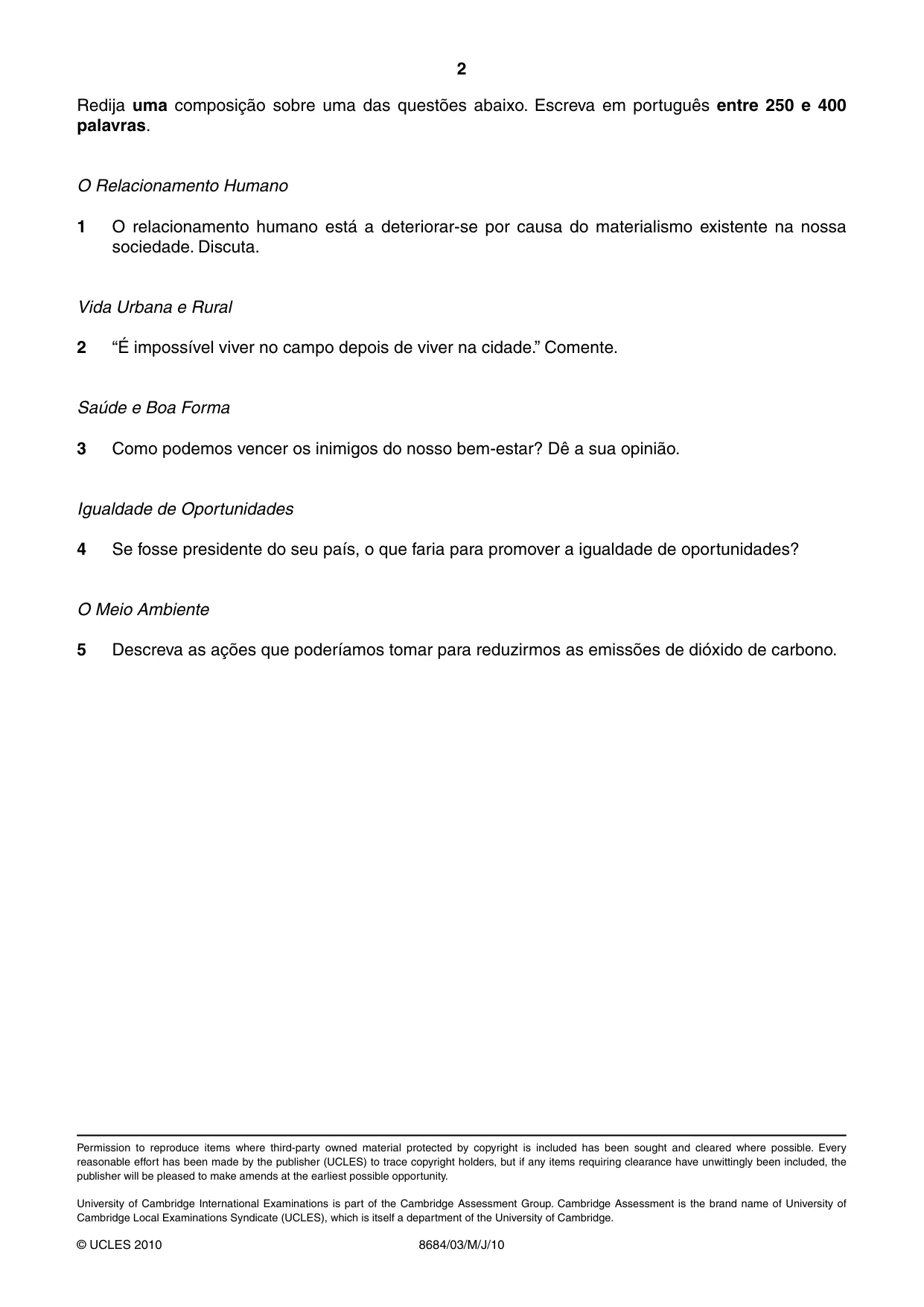 Cambridge A Level Portuguese - Language (AS Level only) 8684 2010 May/June Paper 3 · Variant 1 question paper, page 2 of 2