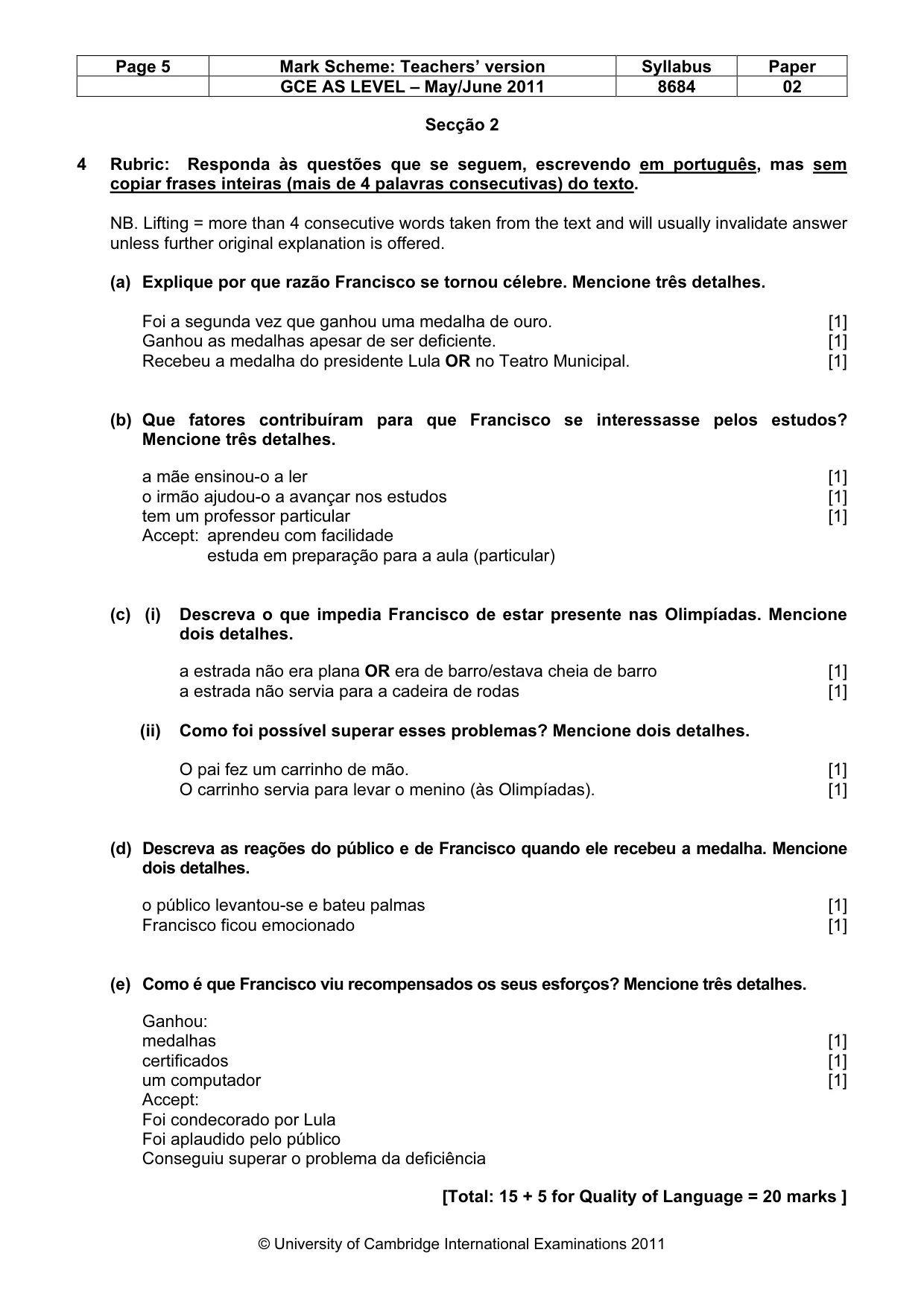 Mark scheme, page 5 of 8