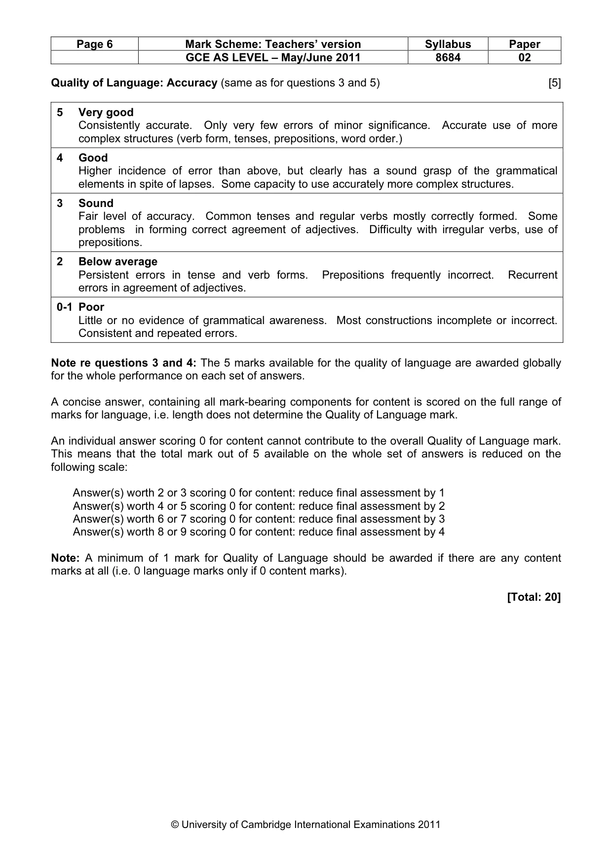 Mark scheme, page 6 of 8