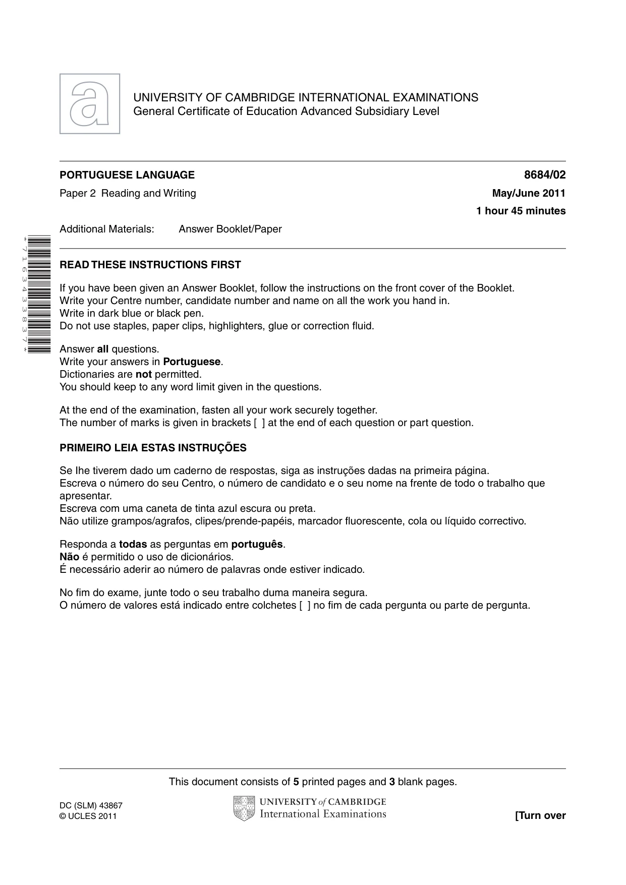 Cambridge A Level Portuguese - Language (AS Level only) 8684 2011 May/June Paper 2 · Variant 1 question paper, page 1 of 8
