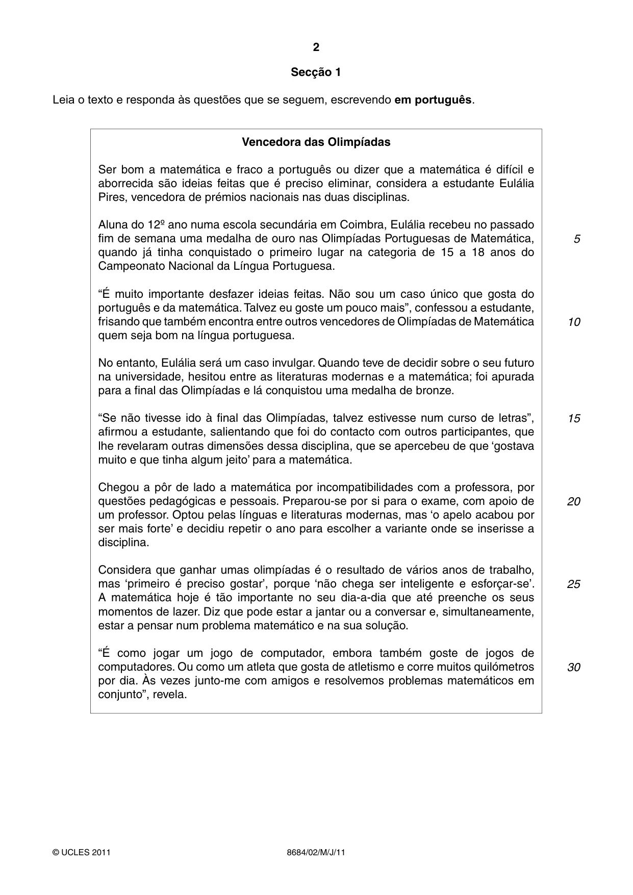 Cambridge A Level Portuguese - Language (AS Level only) 8684 2011 May/June Paper 2 · Variant 1 question paper, page 2 of 8