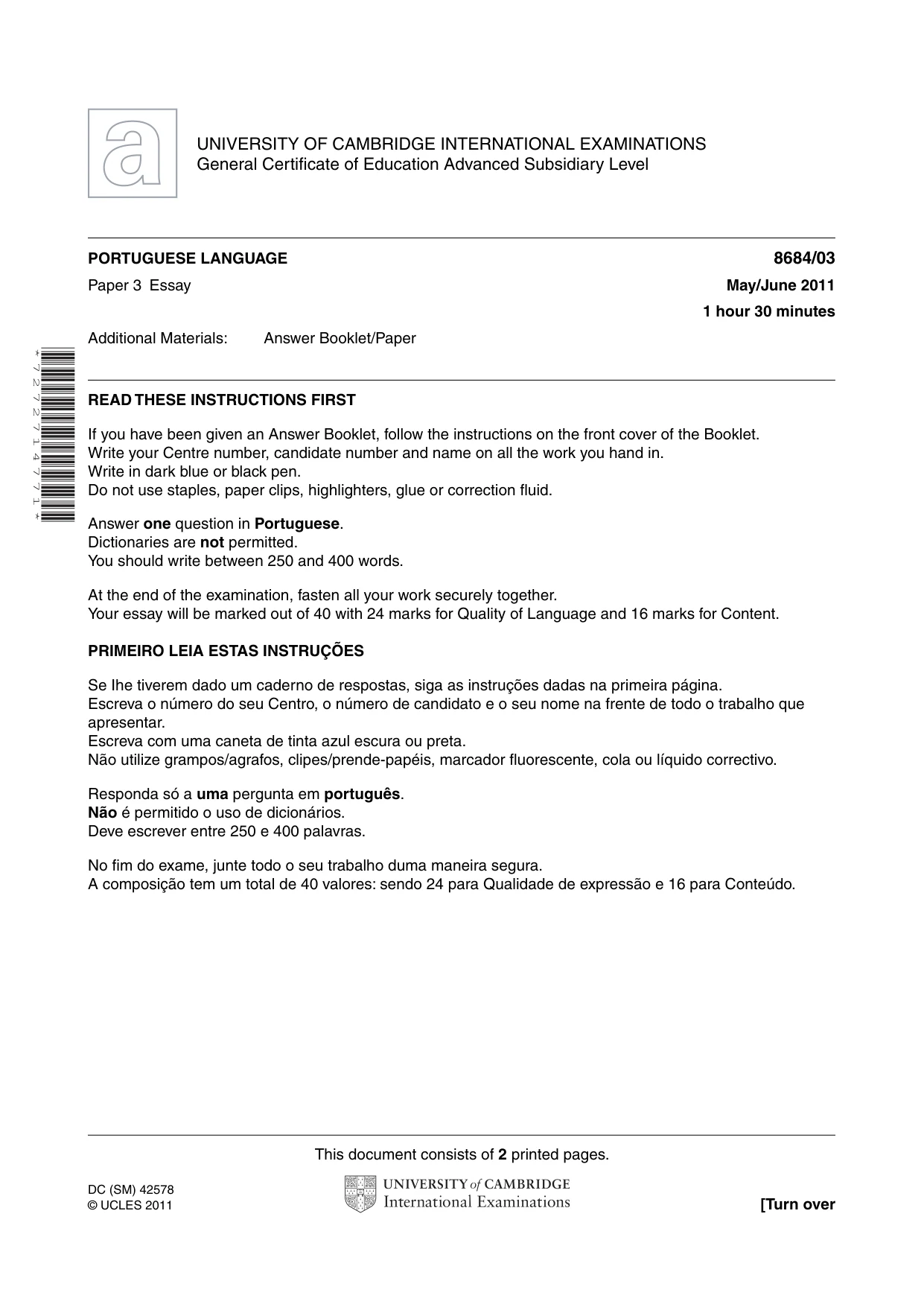 Cambridge A Level Portuguese - Language (AS Level only) 8684 2011 May/June Paper 3 · Variant 1 question paper, page 1 of 2