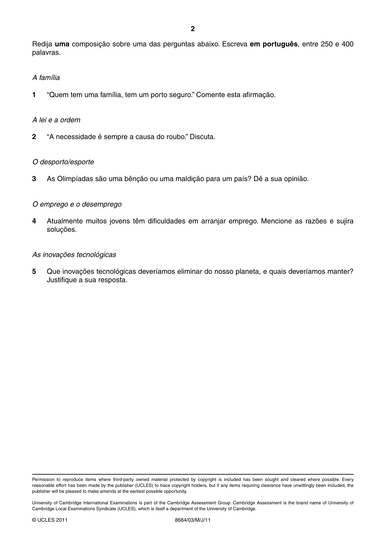 Cambridge A Level Portuguese - Language (AS Level only) 8684 2011 May/June Paper 3 · Variant 1 question paper, page 2 of 2