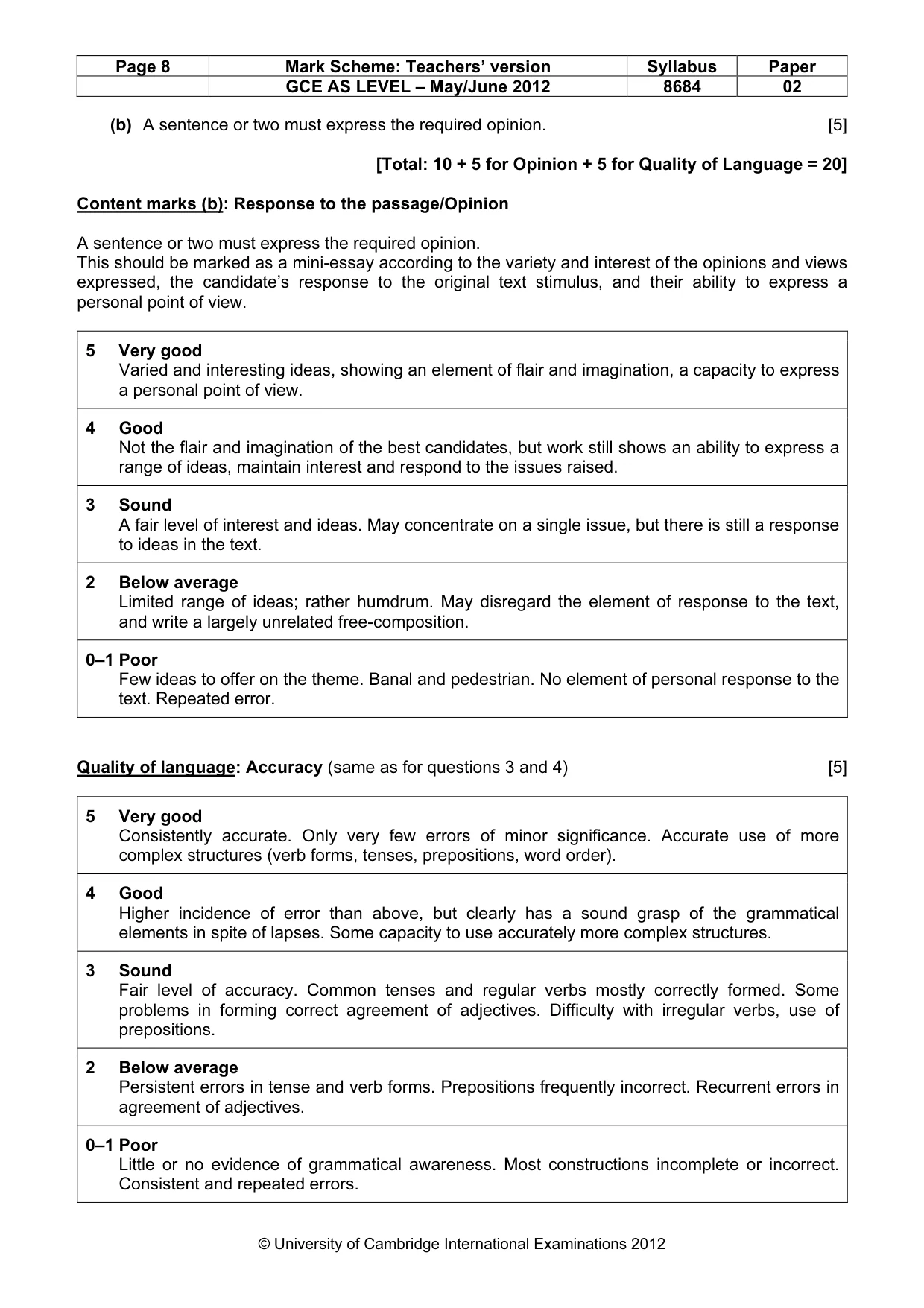 Mark scheme, page 8 of 8