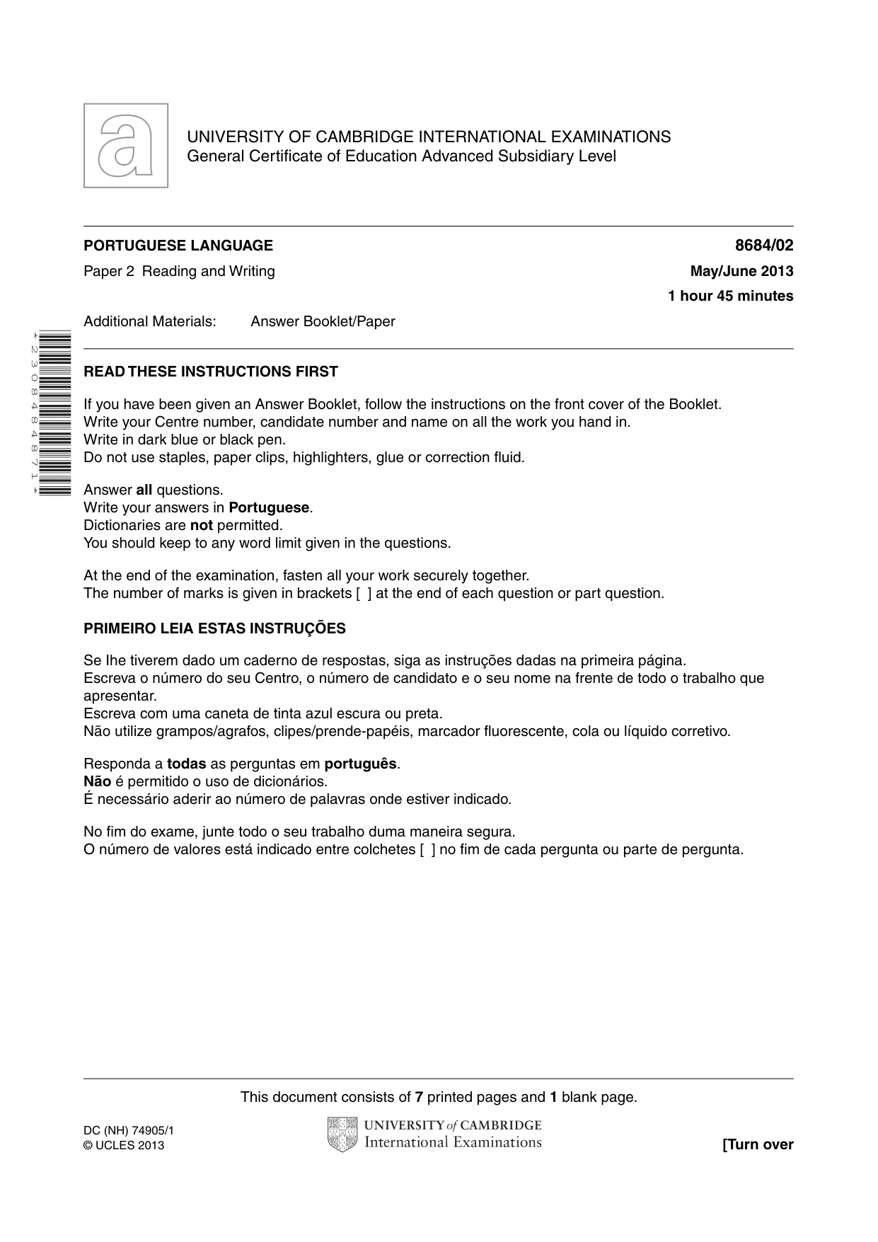 Cambridge A Level Portuguese - Language (AS Level only) 8684 2013 May/June Paper 2 · Variant 1 question paper, page 1 of 8