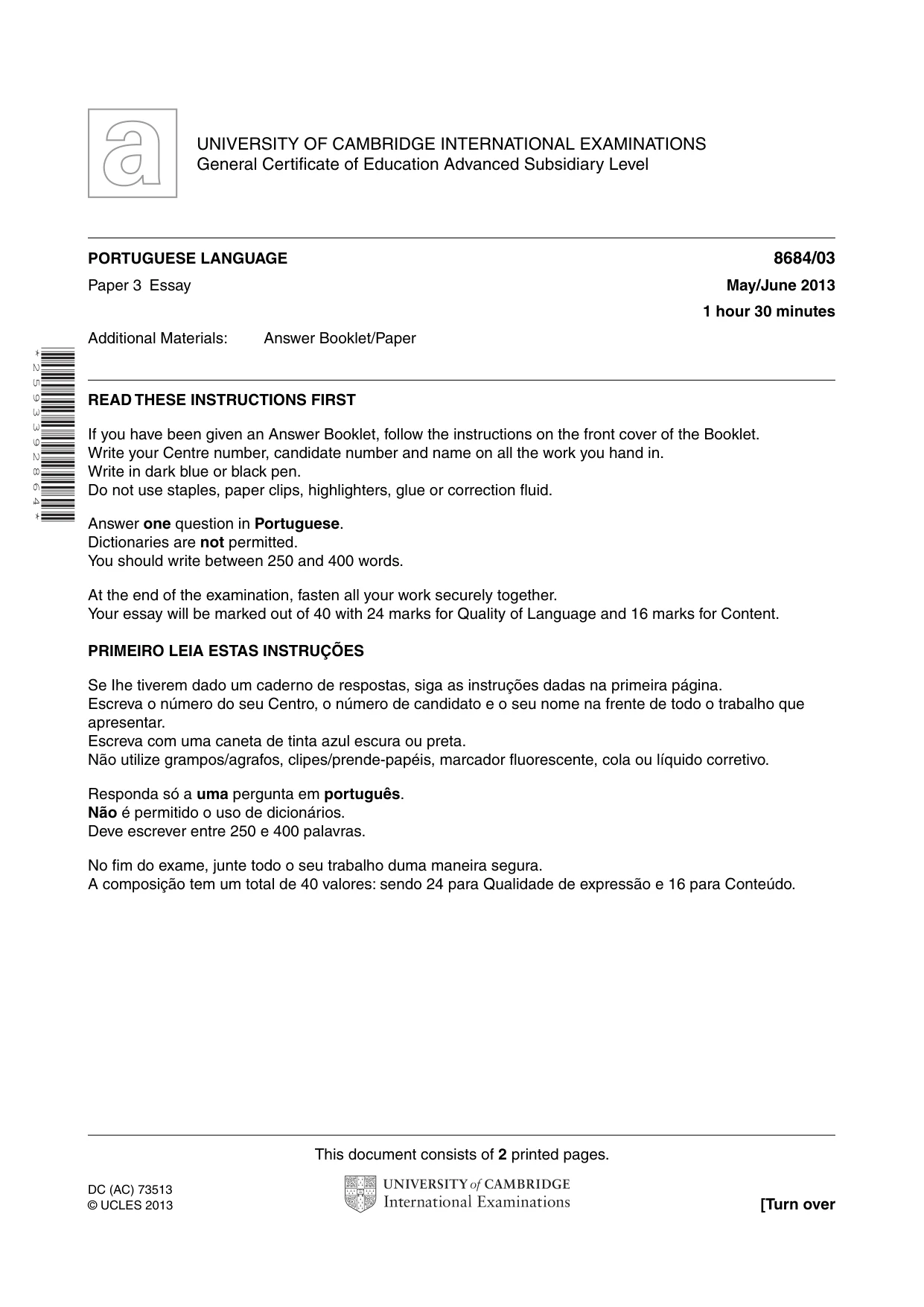 Cambridge A Level Portuguese - Language (AS Level only) 8684 2013 May/June Paper 3 · Variant 1 question paper, page 1 of 2