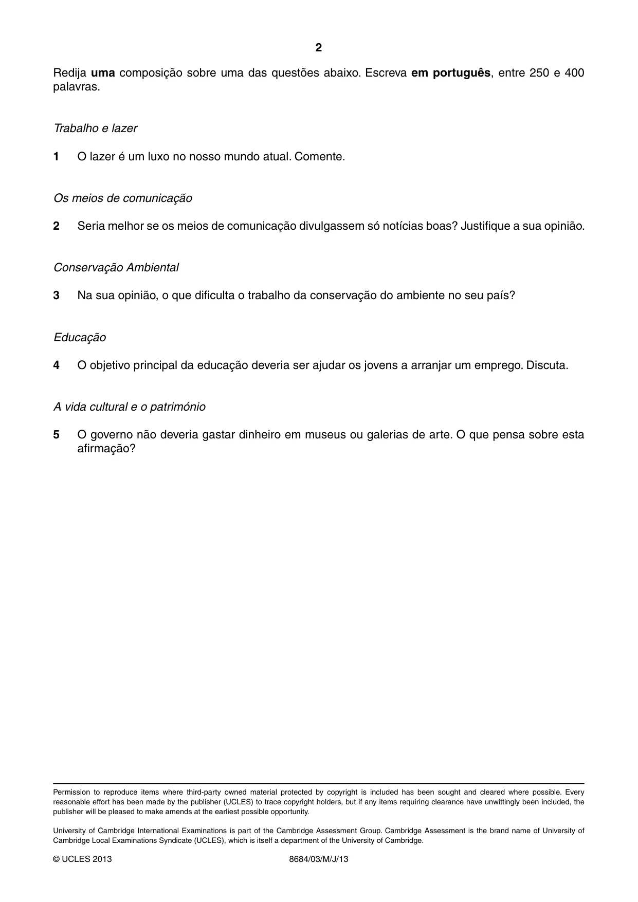 Cambridge A Level Portuguese - Language (AS Level only) 8684 2013 May/June Paper 3 · Variant 1 question paper, page 2 of 2