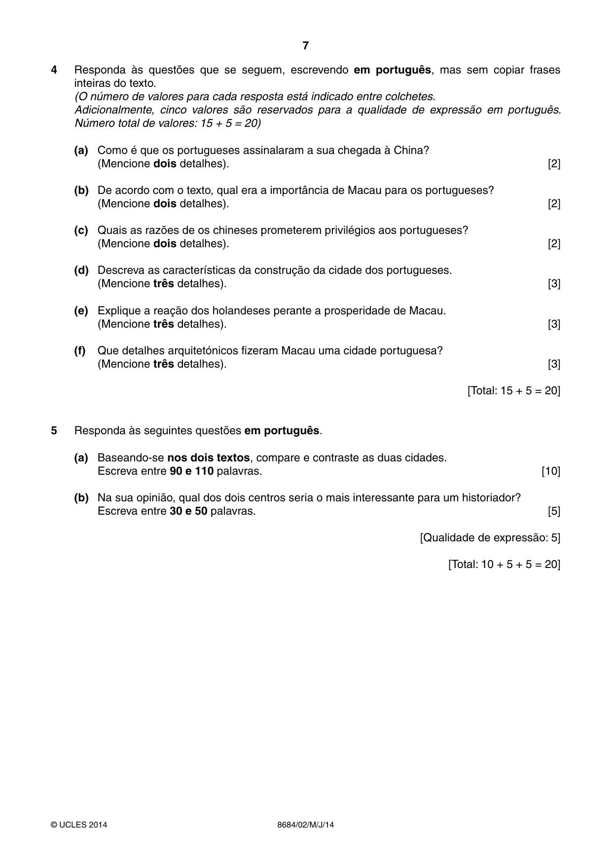 Cambridge A Level Portuguese - Language (AS Level only) 8684 2014 May/June Paper 2 · Variant 1 question paper, page 7 of 8