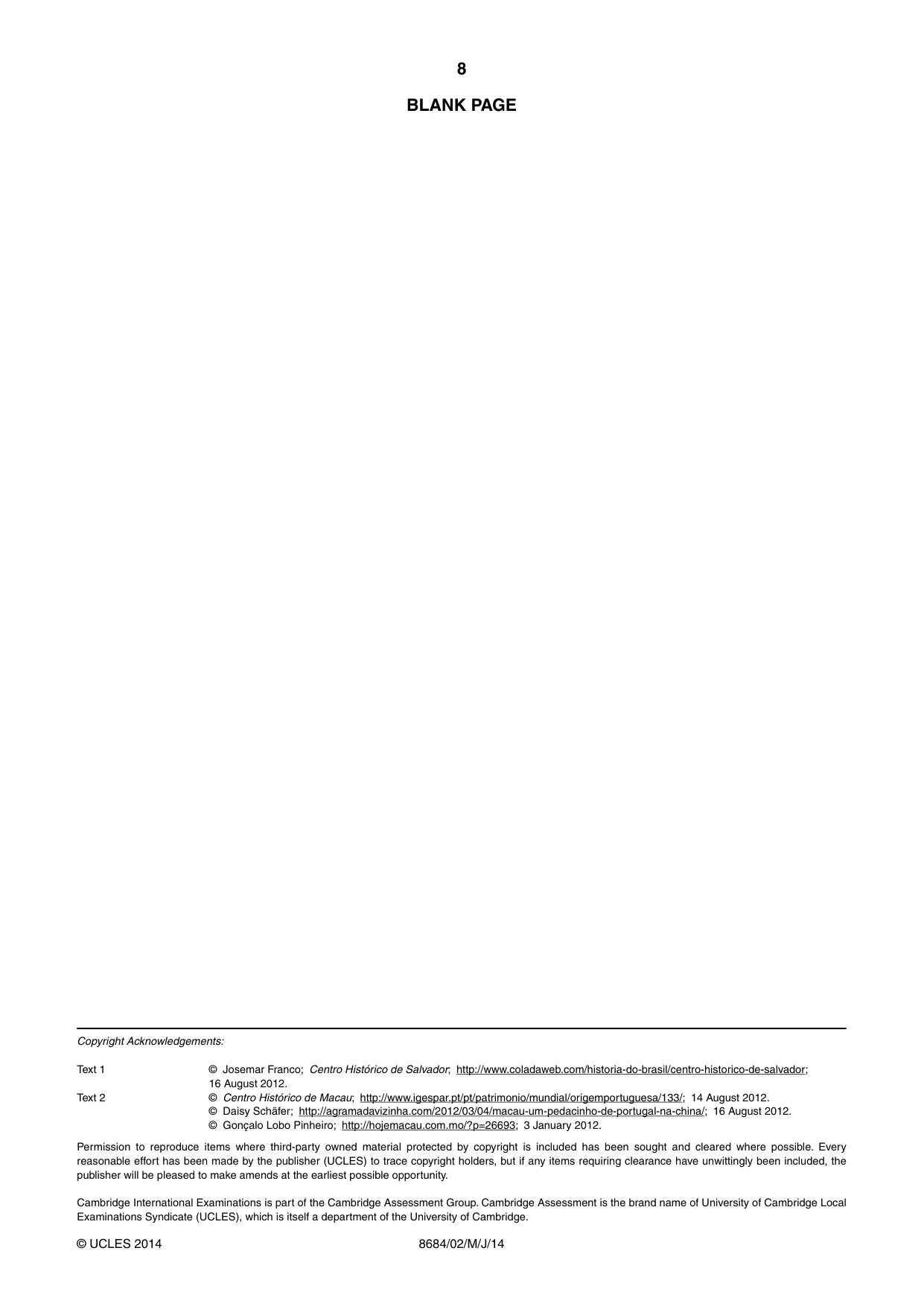Cambridge A Level Portuguese - Language (AS Level only) 8684 2014 May/June Paper 2 · Variant 1 question paper, page 8 of 8