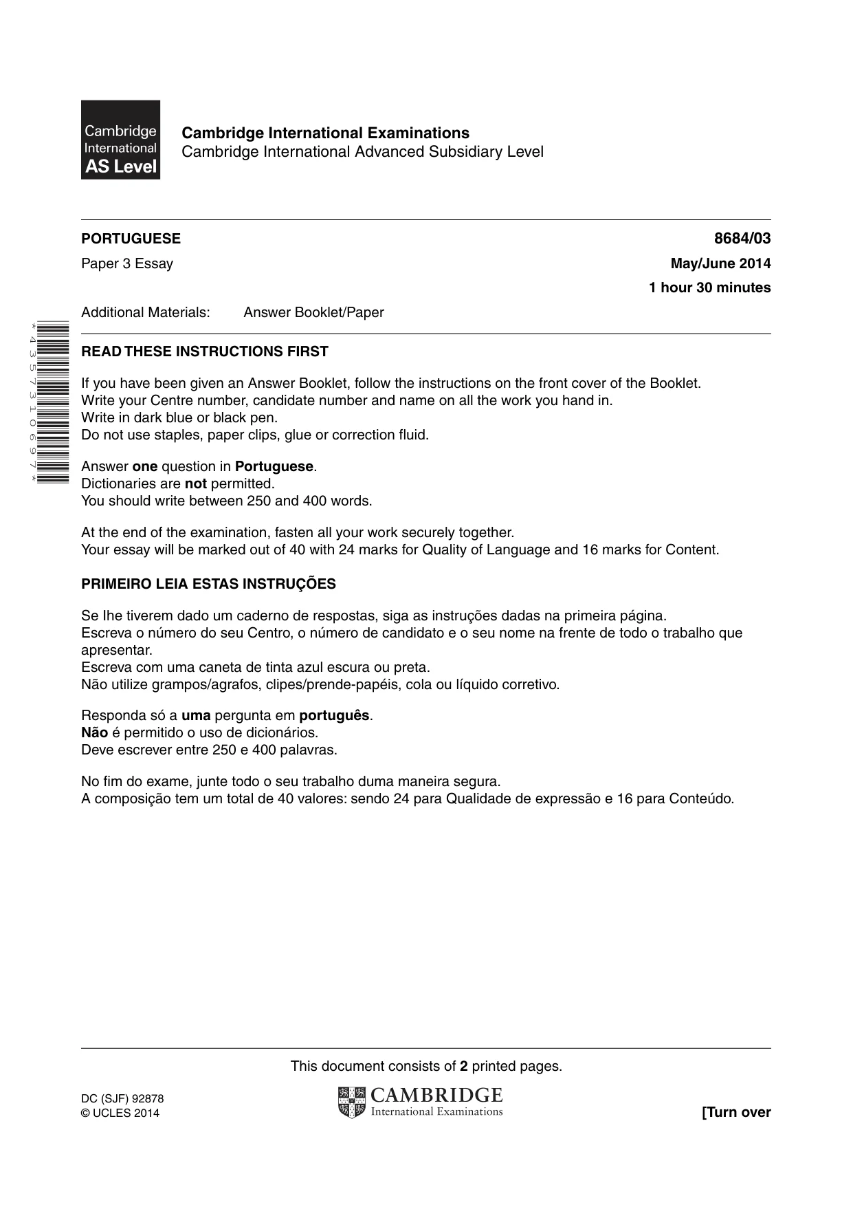 Cambridge A Level Portuguese - Language (AS Level only) 8684 2014 May/June Paper 3 · Variant 1 question paper, page 1 of 2