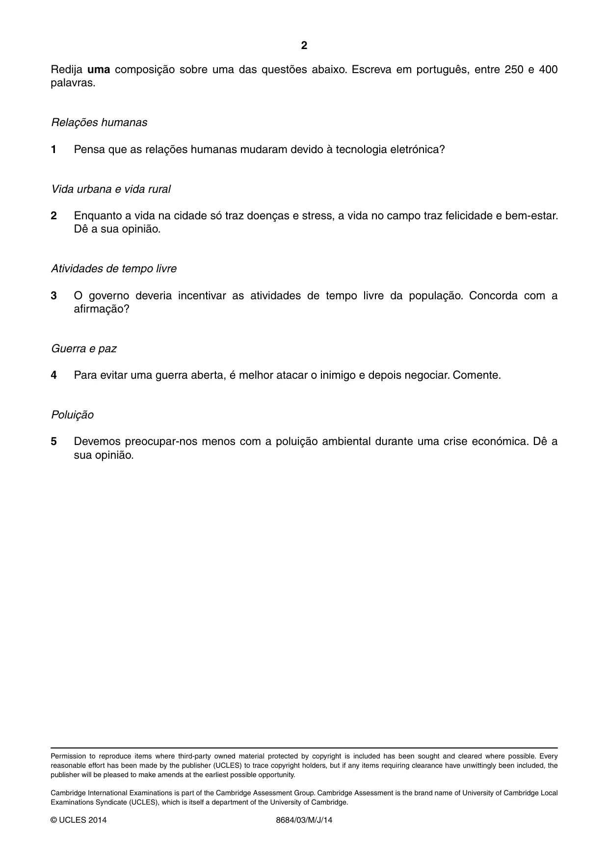 Cambridge A Level Portuguese - Language (AS Level only) 8684 2014 May/June Paper 3 · Variant 1 question paper, page 2 of 2