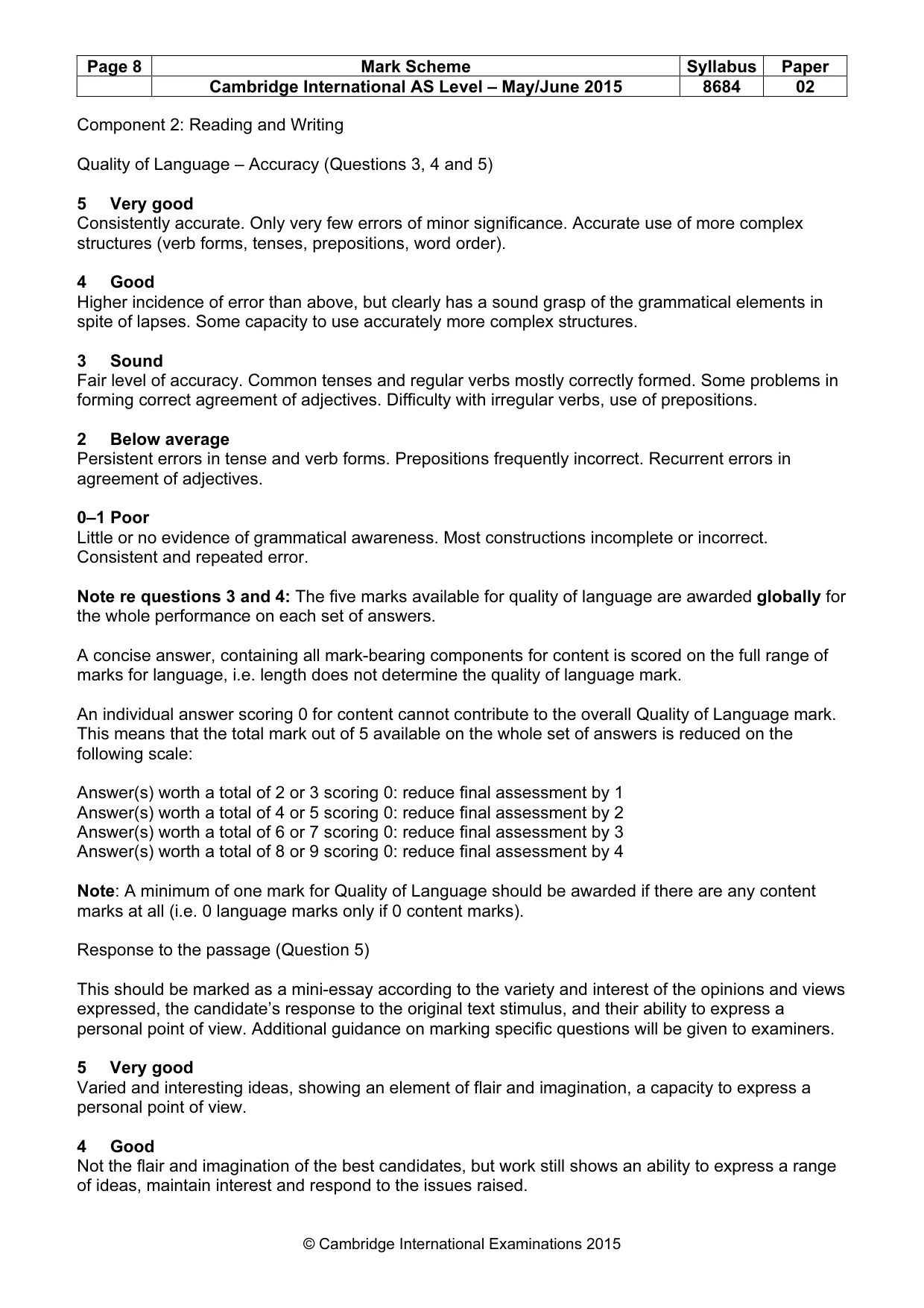 Mark scheme, page 8 of 9