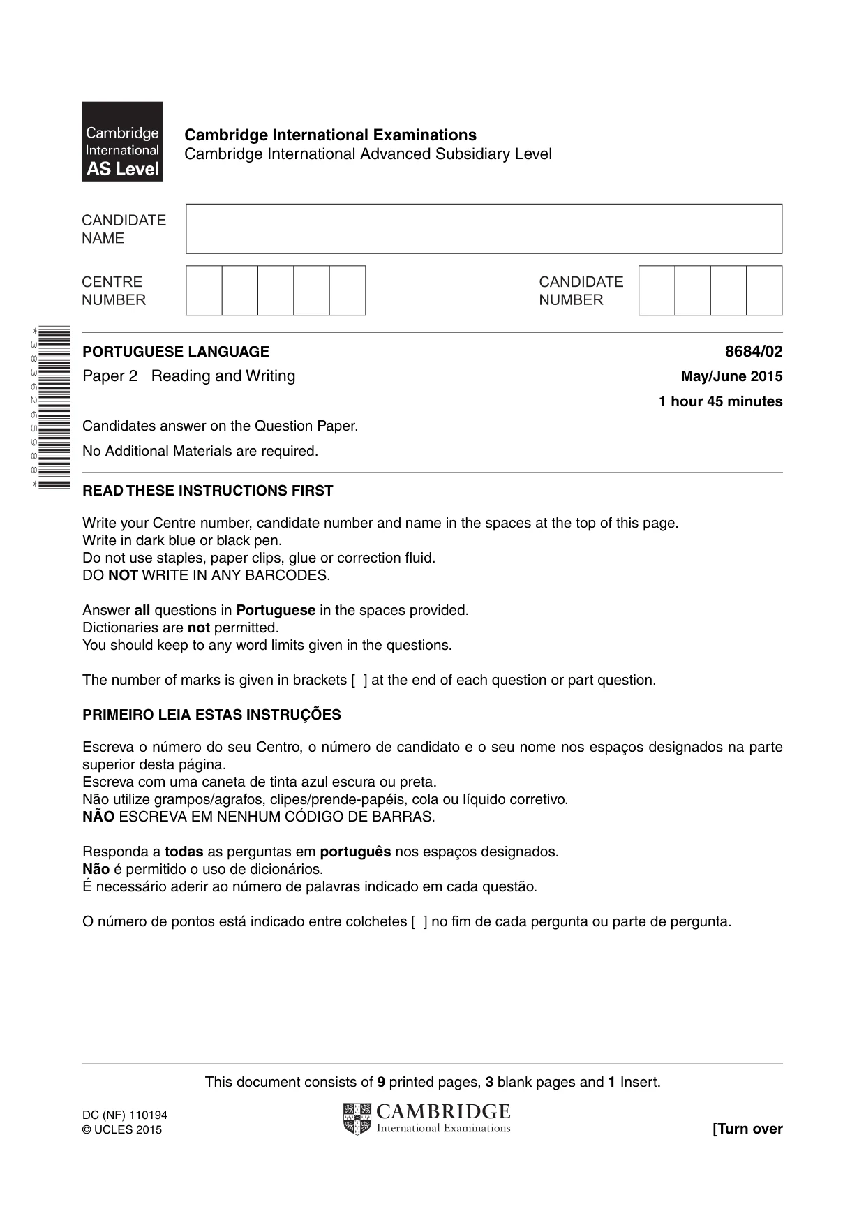 Cambridge A Level Portuguese - Language (AS Level only) 8684 2015 May/June Paper 2 · Variant 1 question paper, page 1 of 12