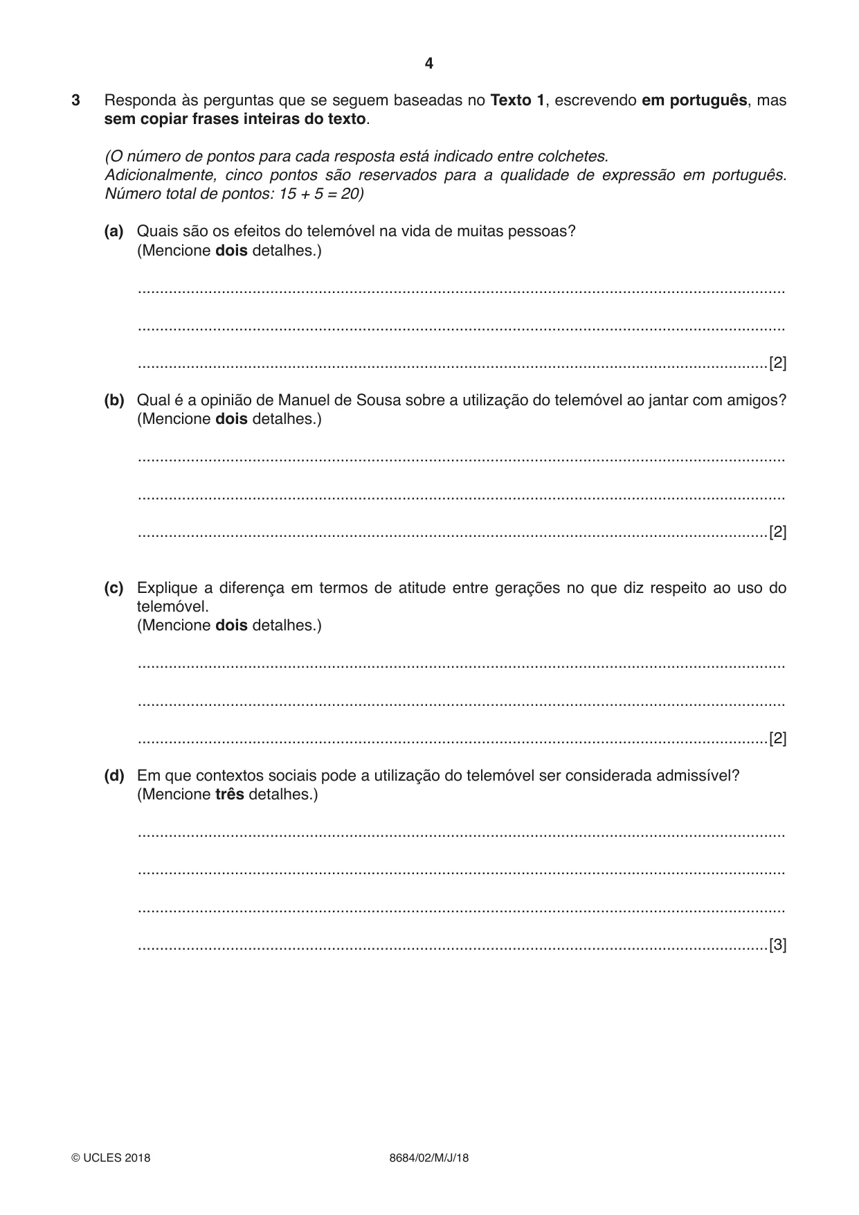 Cambridge A Level Portuguese - Language (AS Level only) 8684 2018 May/June Paper 2 · Variant 0 question paper, page 4 of 12