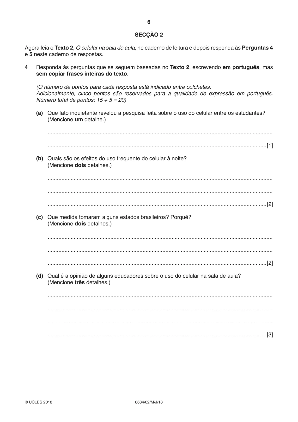 Cambridge A Level Portuguese - Language (AS Level only) 8684 2018 May/June Paper 2 · Variant 0 question paper, page 6 of 12