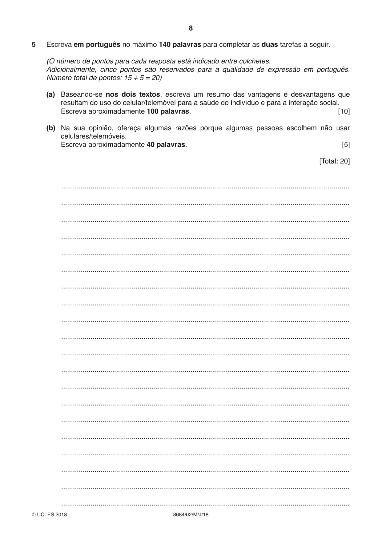 Cambridge A Level Portuguese - Language (AS Level only) 8684 2018 May/June Paper 2 · Variant 0 question paper, page 8 of 12