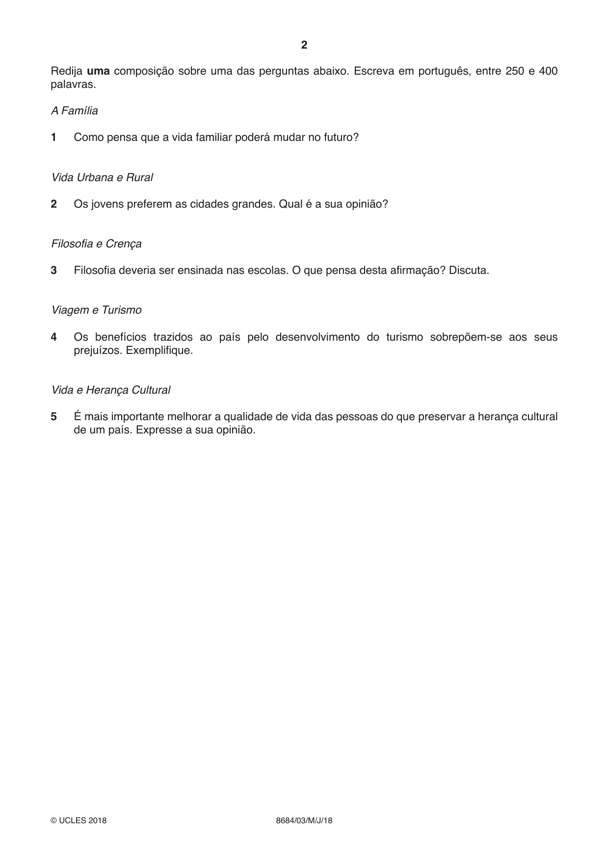 Cambridge A Level Portuguese - Language (AS Level only) 8684 2018 May/June Paper 3 · Variant 0 question paper, page 2 of 8