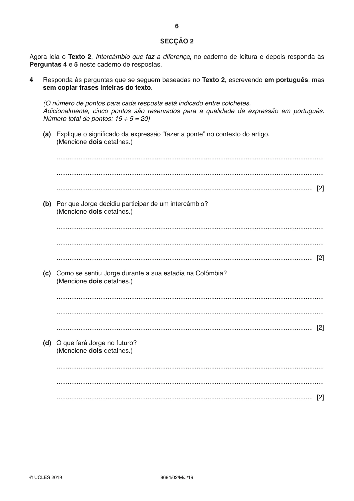 Cambridge A Level Portuguese - Language (AS Level only) 8684 2019 May/June Paper 2 · Variant 1 question paper, page 6 of 12