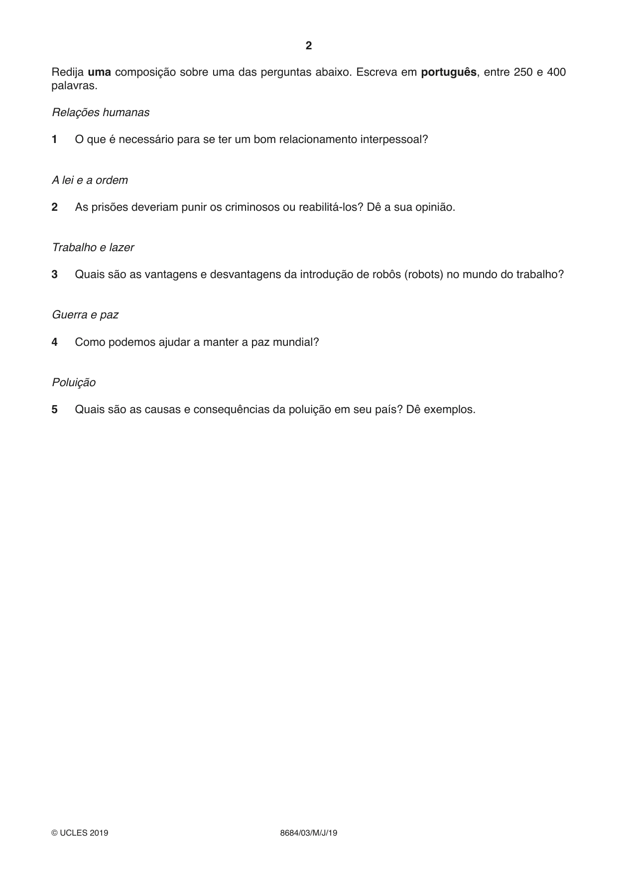 Cambridge A Level Portuguese - Language (AS Level only) 8684 2019 May/June Paper 3 · Variant 1 question paper, page 2 of 8