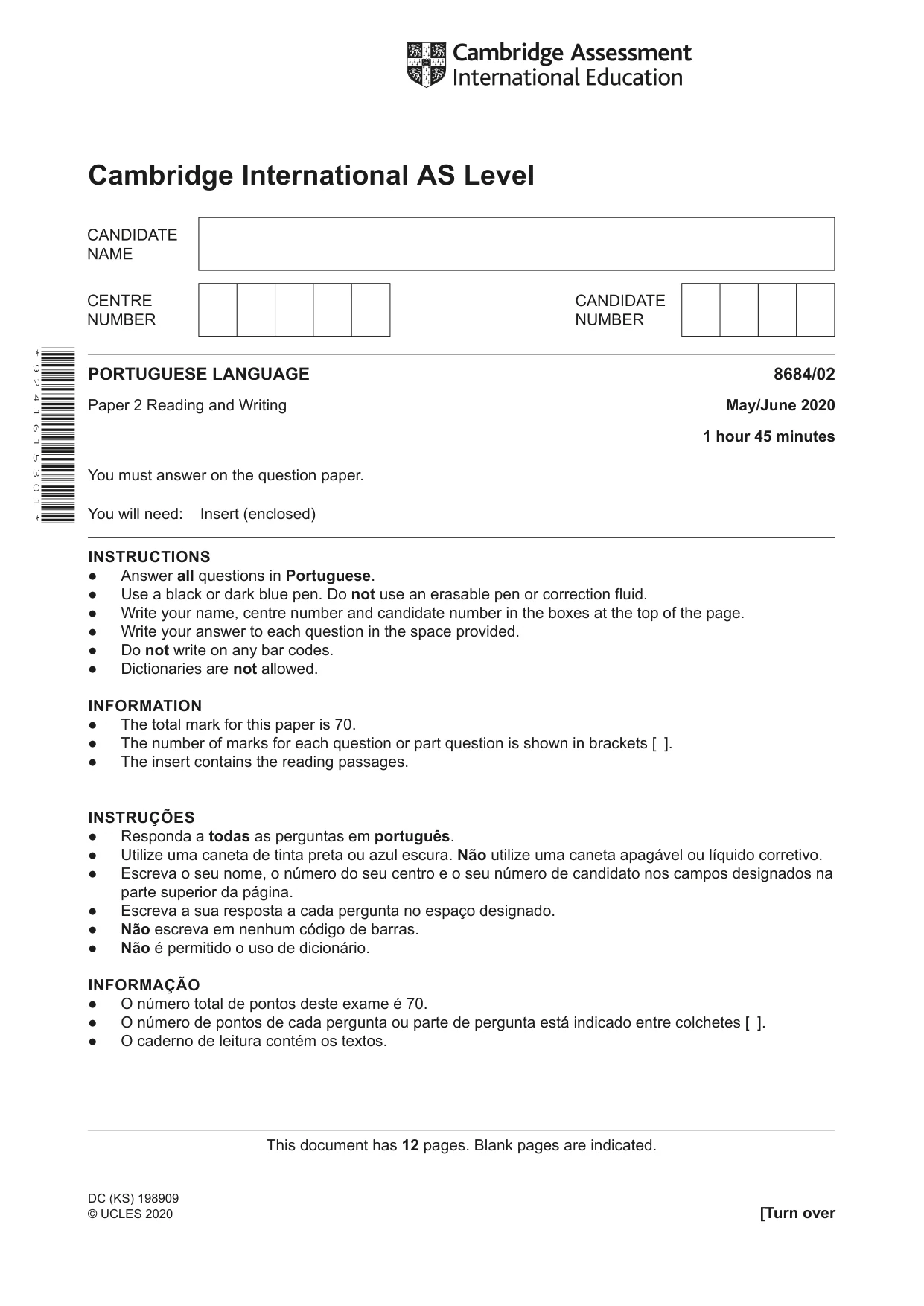 Cambridge A Level Portuguese - Language (AS Level only) 8684 2020 May/June Paper 2 · Variant 0 question paper, page 1 of 12