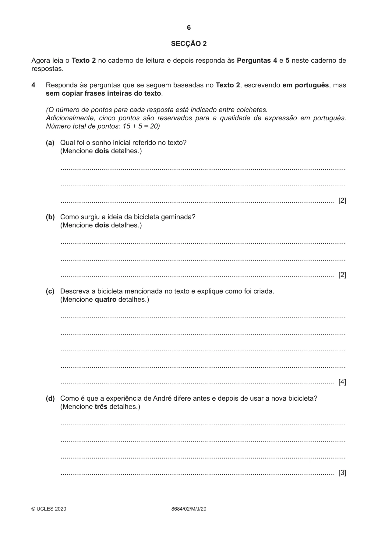 Cambridge A Level Portuguese - Language (AS Level only) 8684 2020 May/June Paper 2 · Variant 0 question paper, page 6 of 12