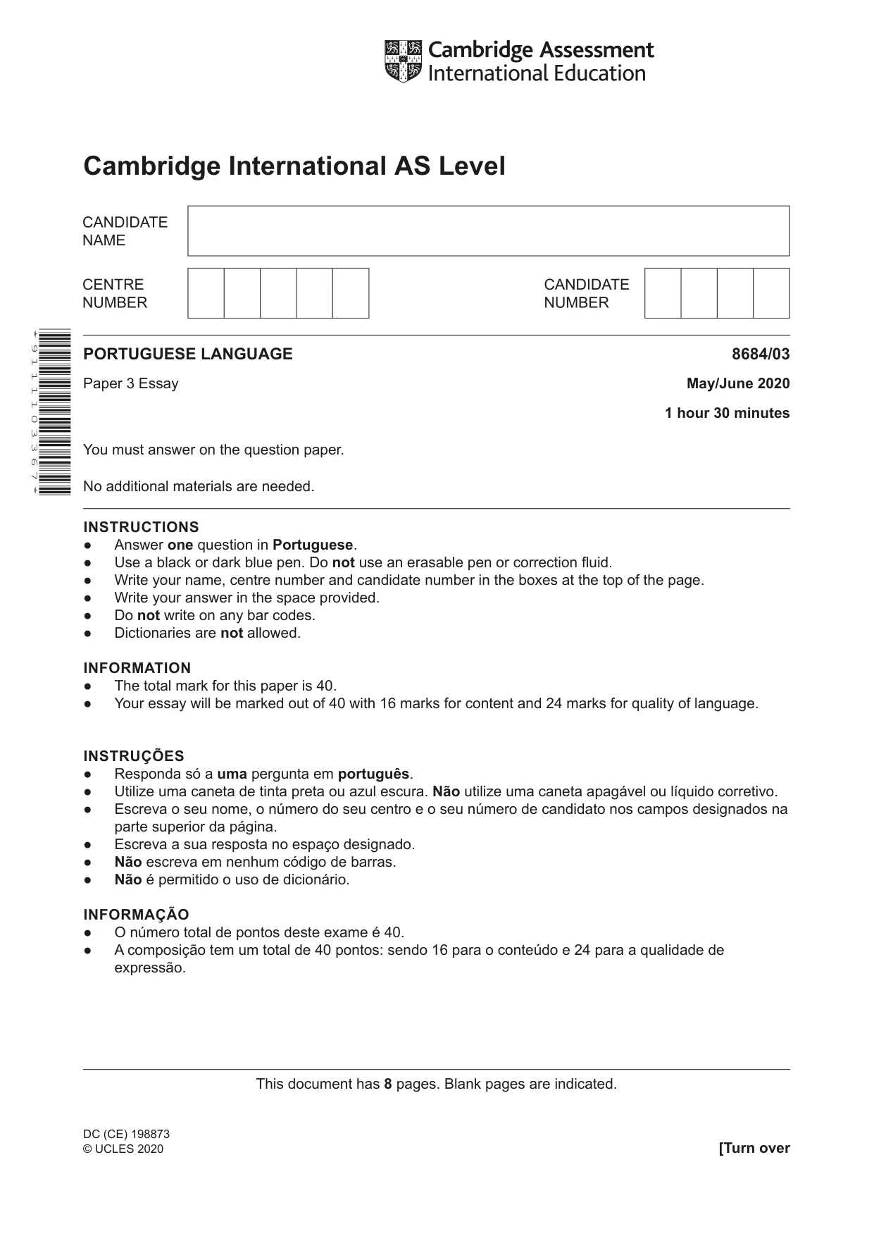 Cambridge A Level Portuguese - Language (AS Level only) 8684 2020 May/June Paper 3 · Variant 0 question paper, page 1 of 8