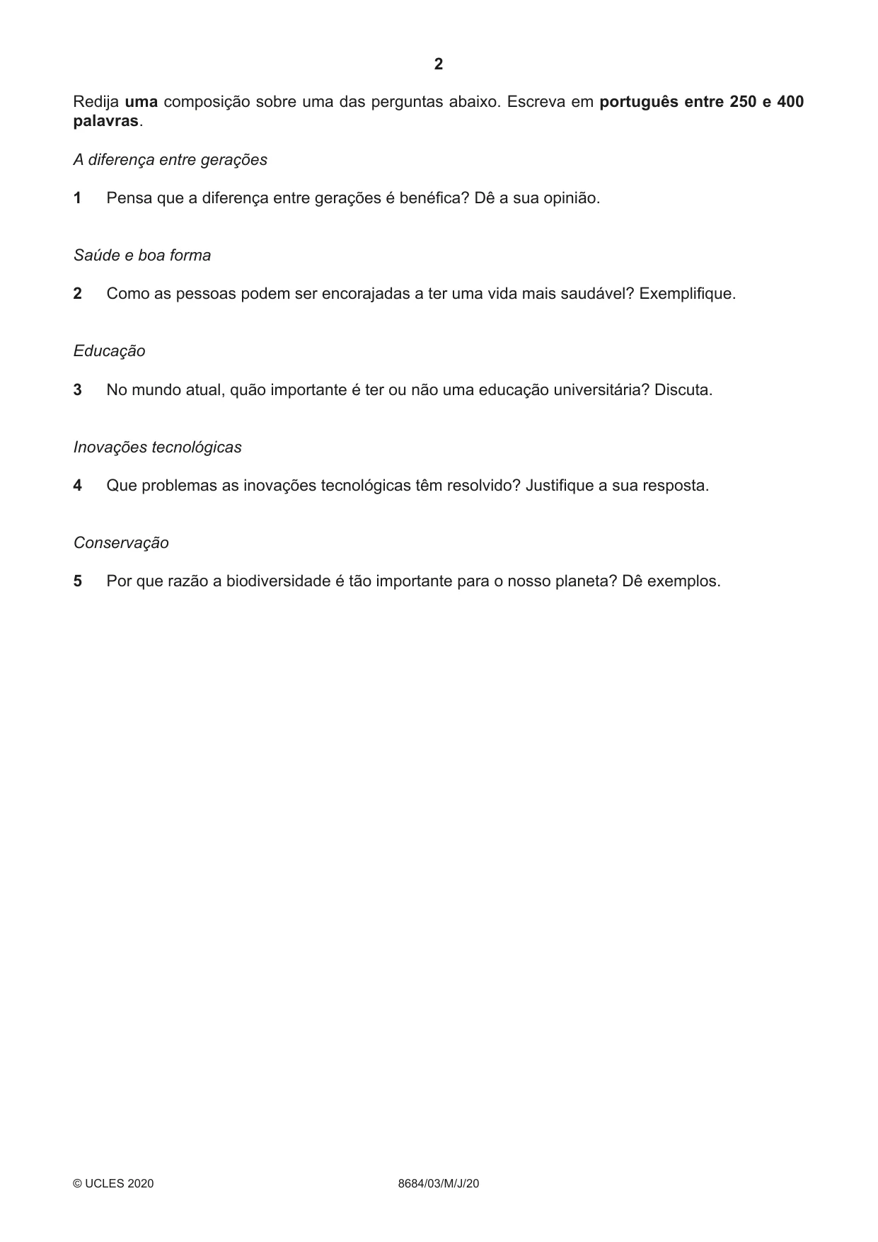 Cambridge A Level Portuguese - Language (AS Level only) 8684 2020 May/June Paper 3 · Variant 0 question paper, page 2 of 8