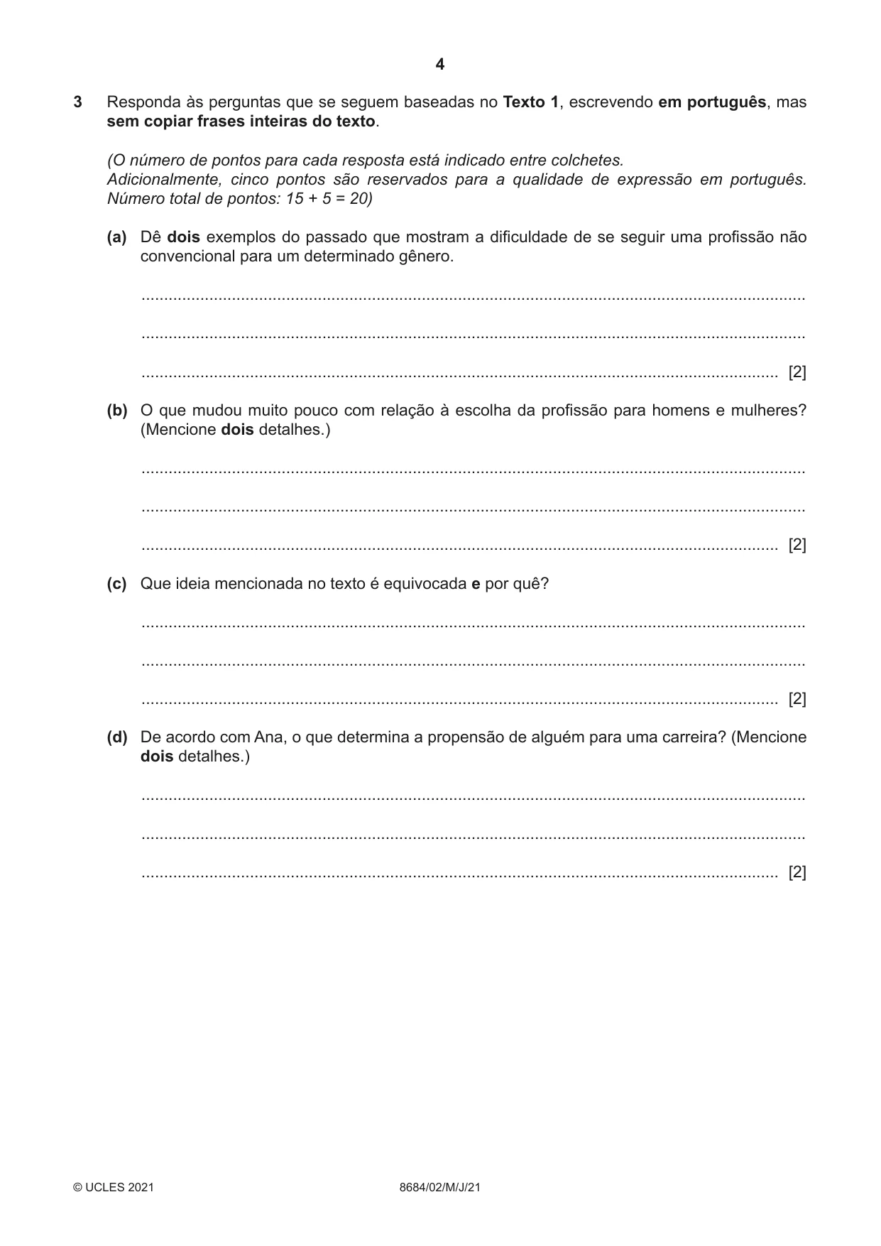 Cambridge A Level Portuguese - Language (AS Level only) 8684 2021 May/June Paper 2 · Variant 0 question paper, page 4 of 12