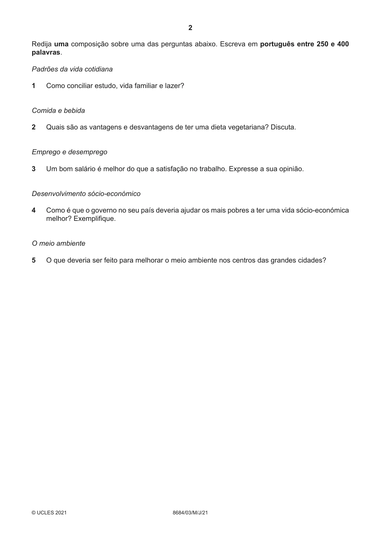 Cambridge A Level Portuguese - Language (AS Level only) 8684 2021 May/June Paper 3 · Variant 0 question paper, page 2 of 8