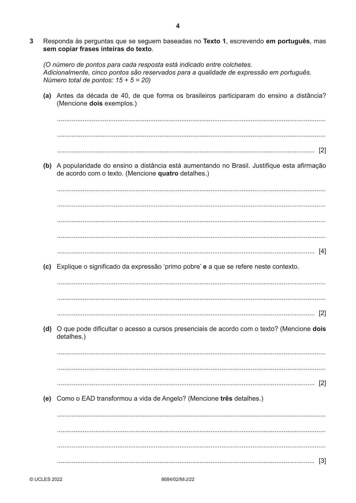Cambridge A Level Portuguese - Language (AS Level only) 8684 2022 May/June Paper 2 · Variant 0 question paper, page 4 of 12