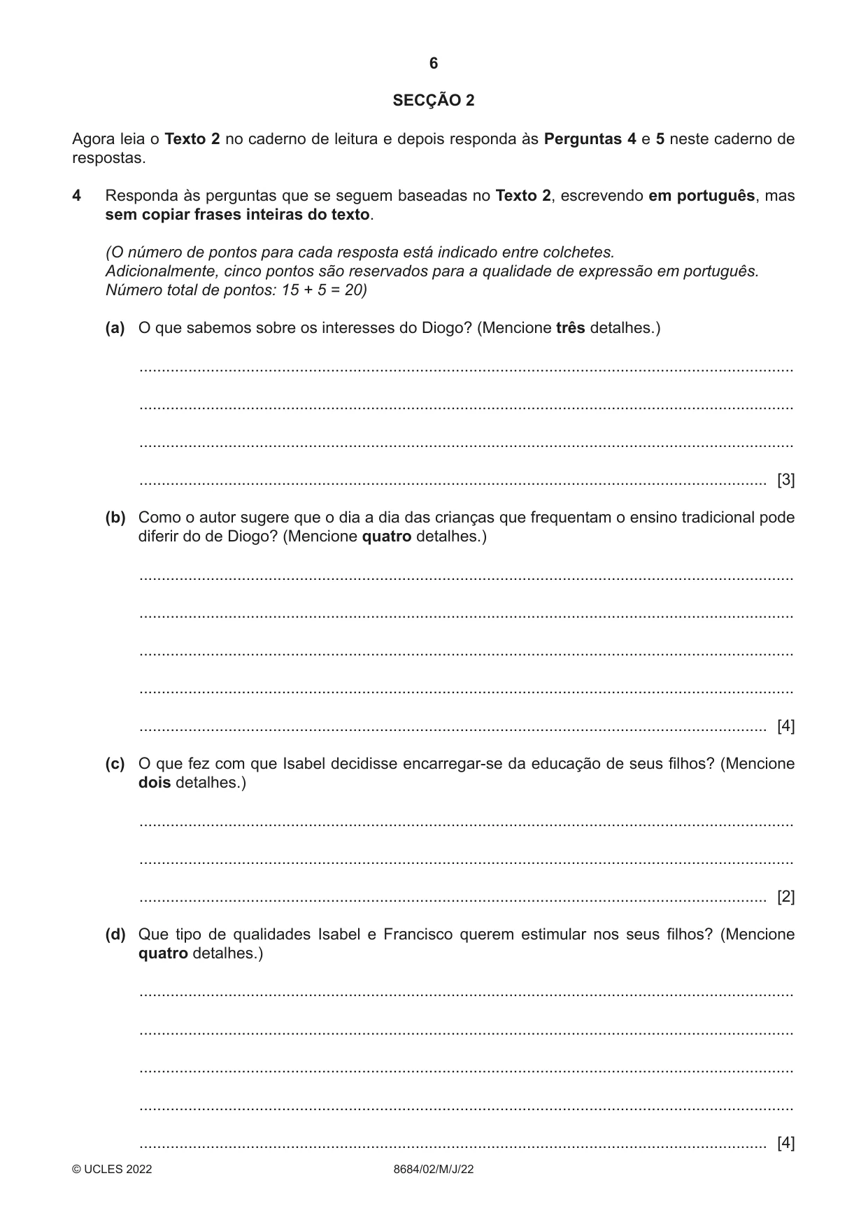 Cambridge A Level Portuguese - Language (AS Level only) 8684 2022 May/June Paper 2 · Variant 0 question paper, page 6 of 12