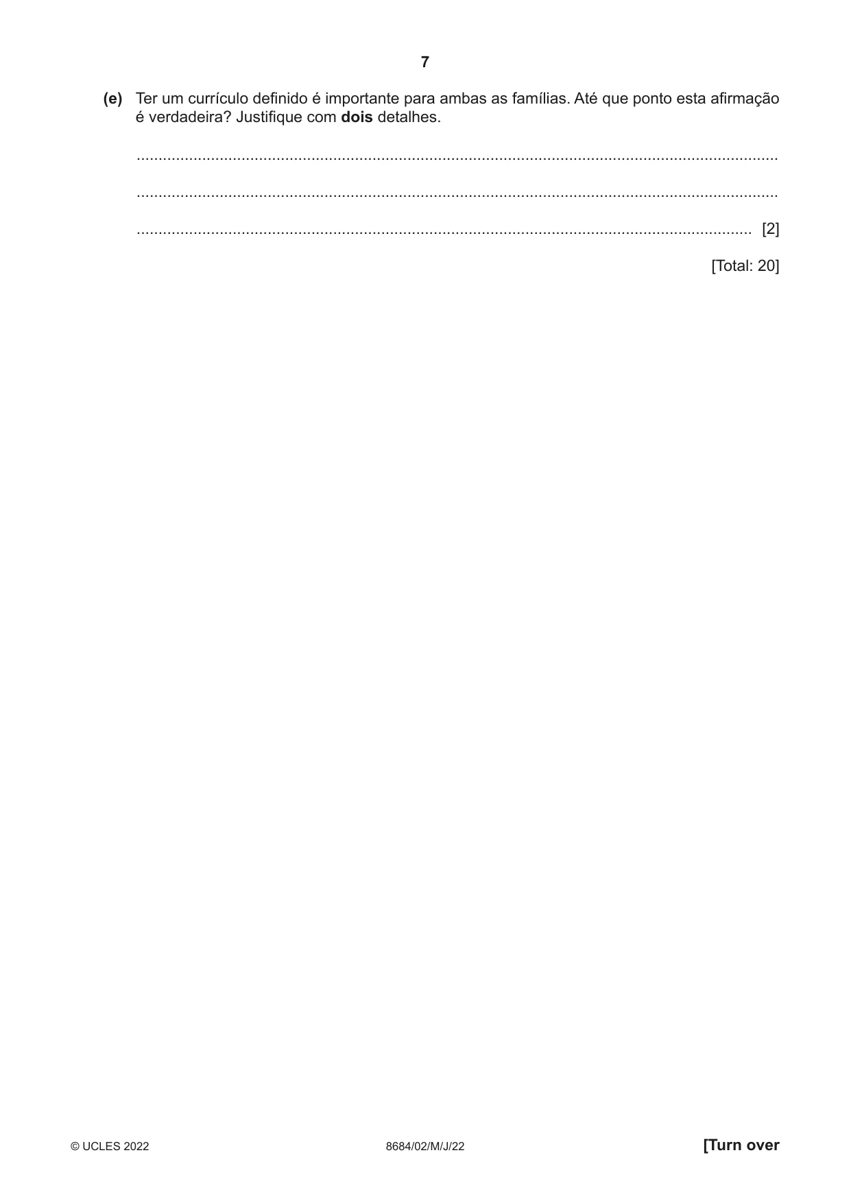 Cambridge A Level Portuguese - Language (AS Level only) 8684 2022 May/June Paper 2 · Variant 0 question paper, page 7 of 12