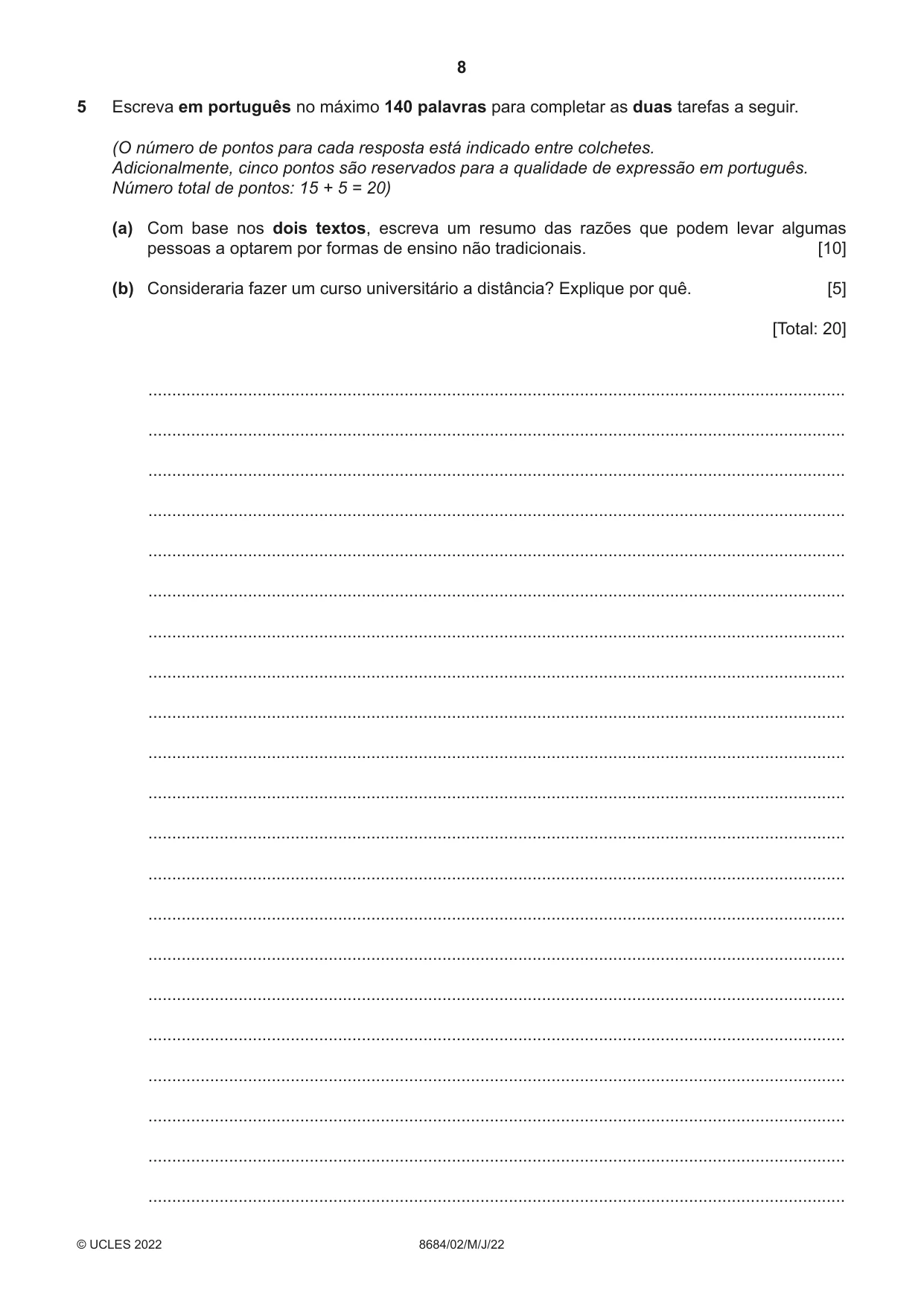 Cambridge A Level Portuguese - Language (AS Level only) 8684 2022 May/June Paper 2 · Variant 0 question paper, page 8 of 12