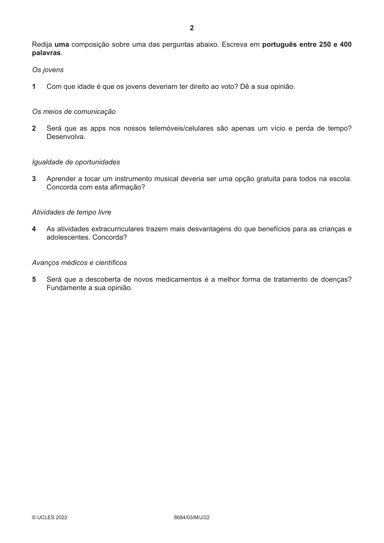 Cambridge A Level Portuguese - Language (AS Level only) 8684 2022 May/June Paper 3 · Variant 0 question paper, page 2 of 8