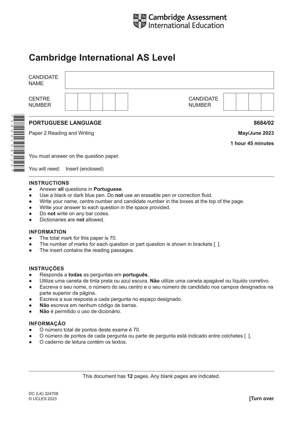 Cambridge A Level Portuguese - Language (AS Level only) 8684 2023 May/June Paper 2 · Variant 0 question paper, page 1 of 12