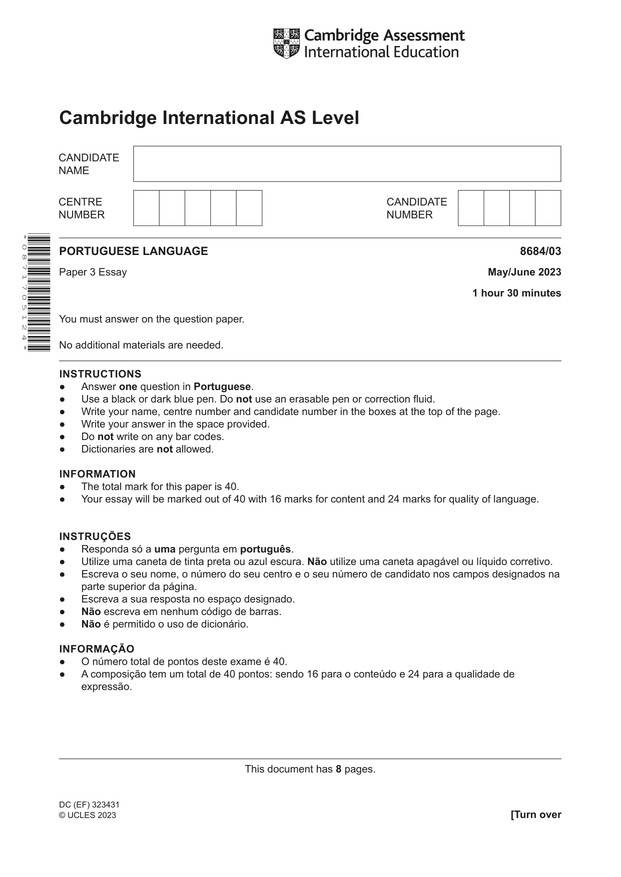 Cambridge A Level Portuguese - Language (AS Level only) 8684 2023 May/June Paper 3 · Variant 0 question paper, page 1 of 8